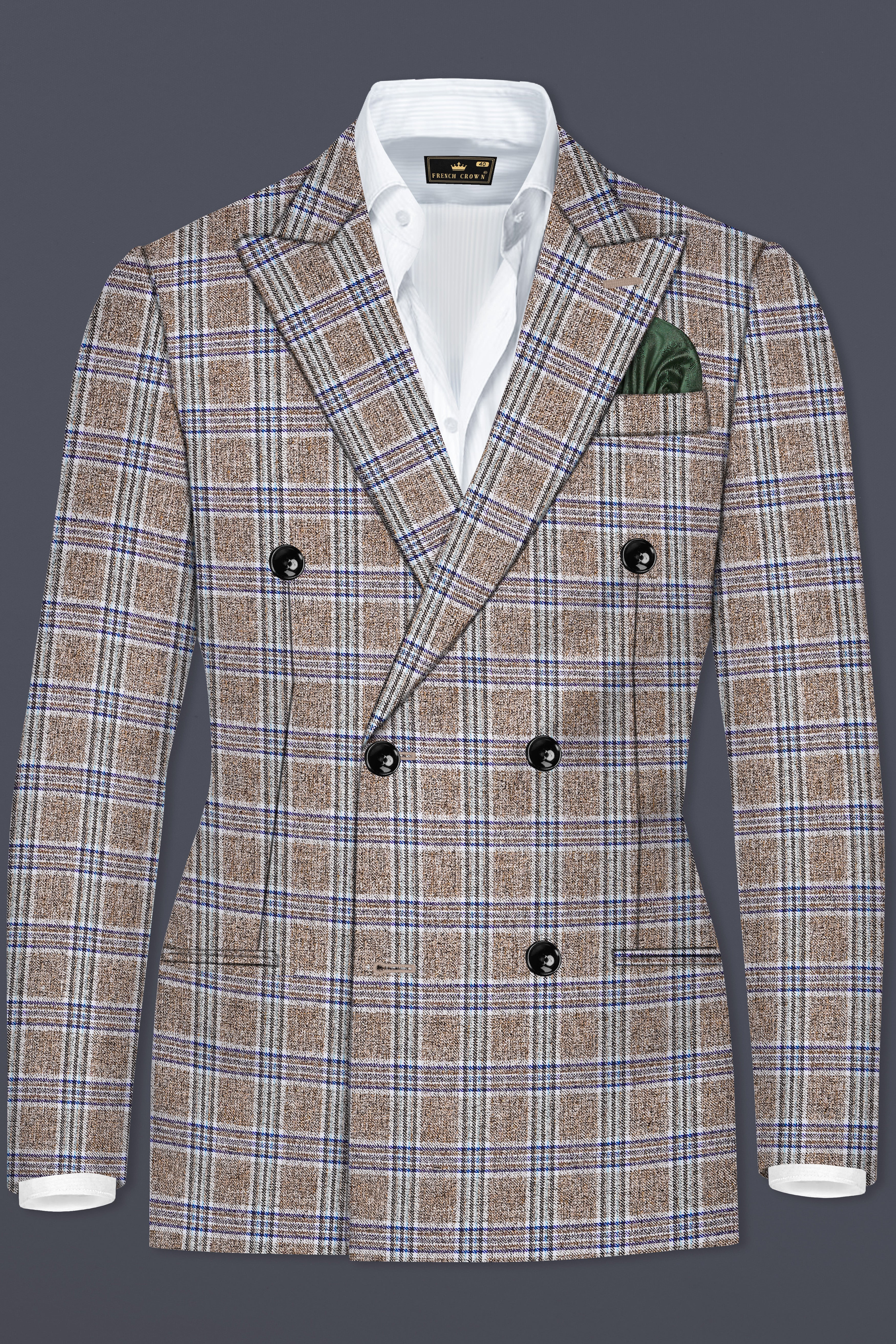 Shadow Brown with Rhino Blue Plaid Wool Blend Double Breasted Blazer