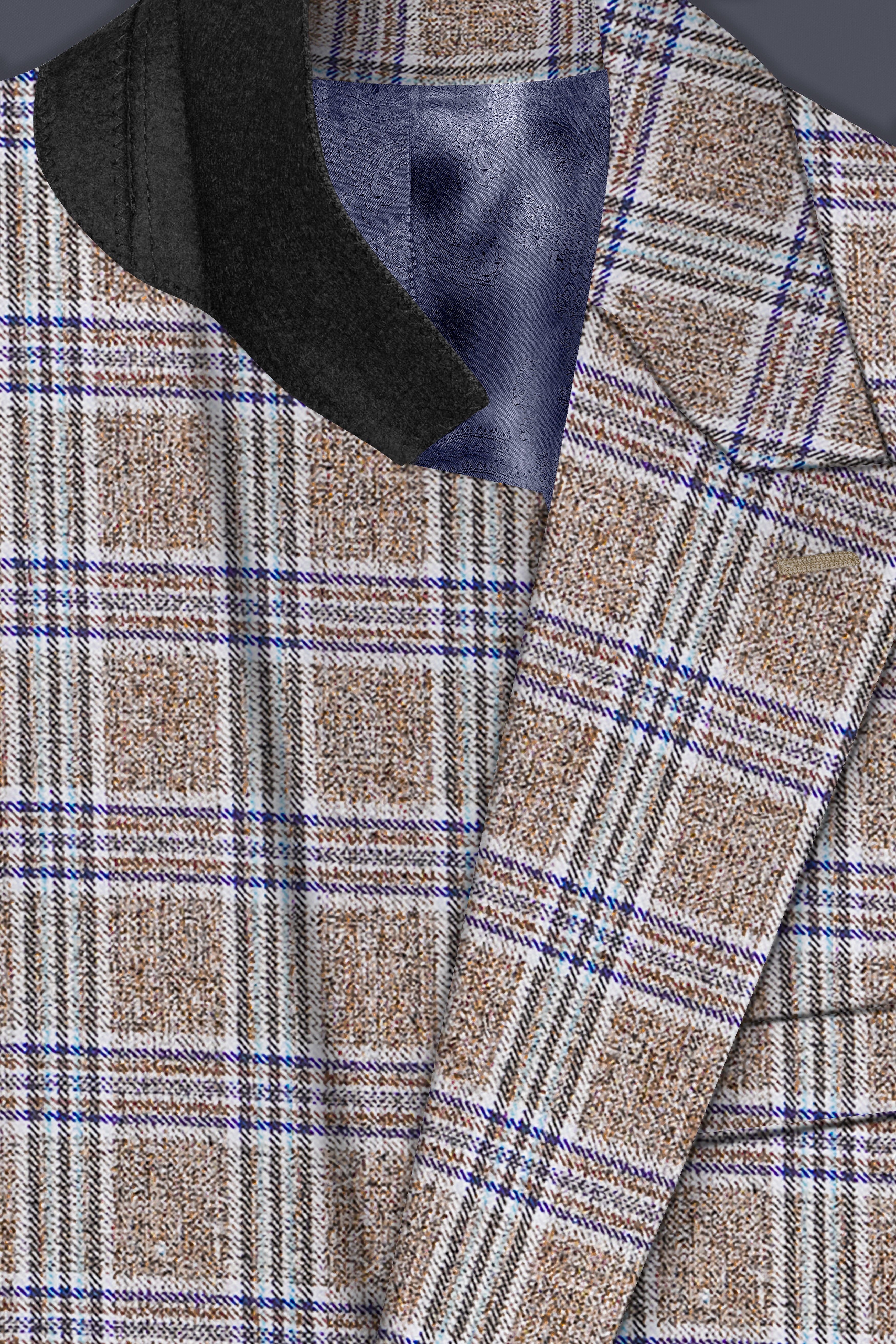 Shadow Brown with Rhino Blue Plaid Wool Blend Double Breasted Blazer