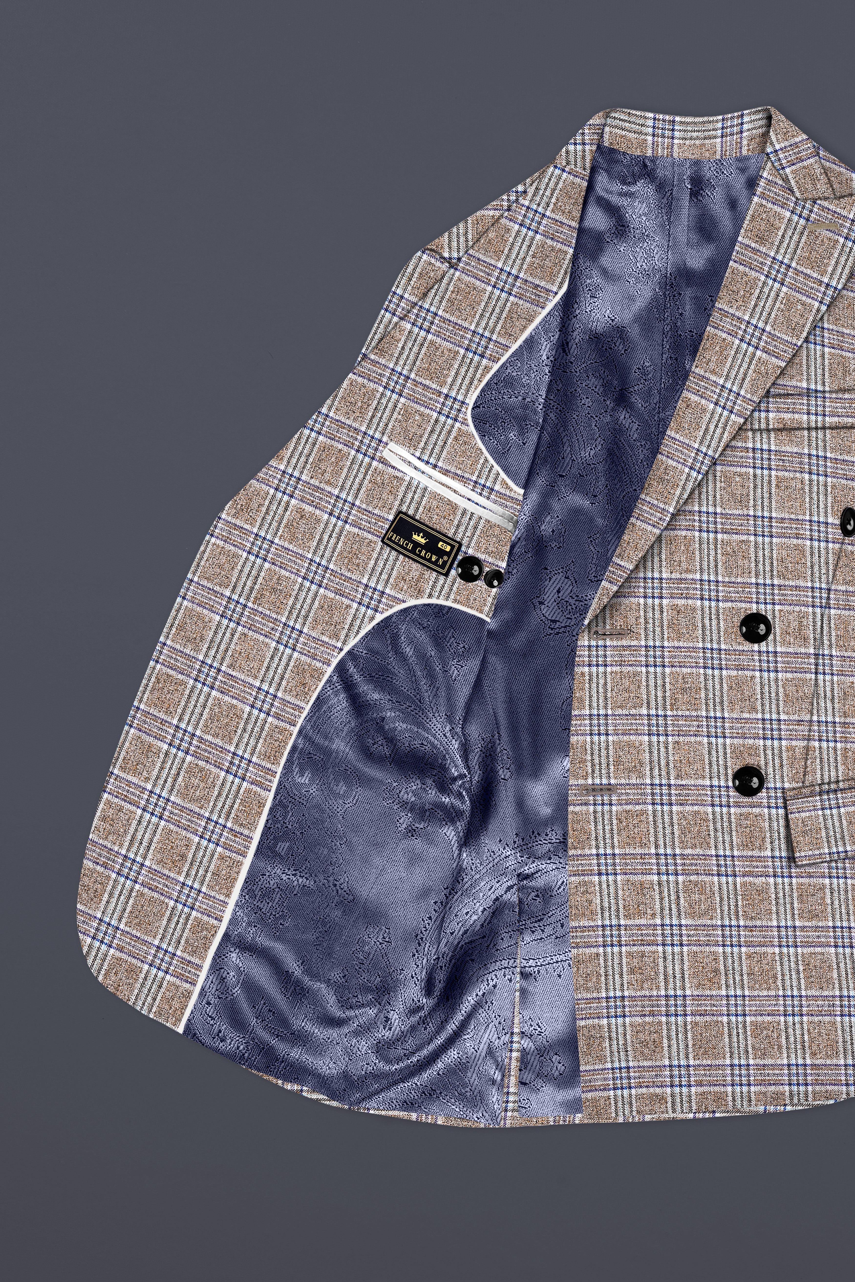 Shadow Brown with Rhino Blue Plaid Wool Blend Double Breasted Blazer