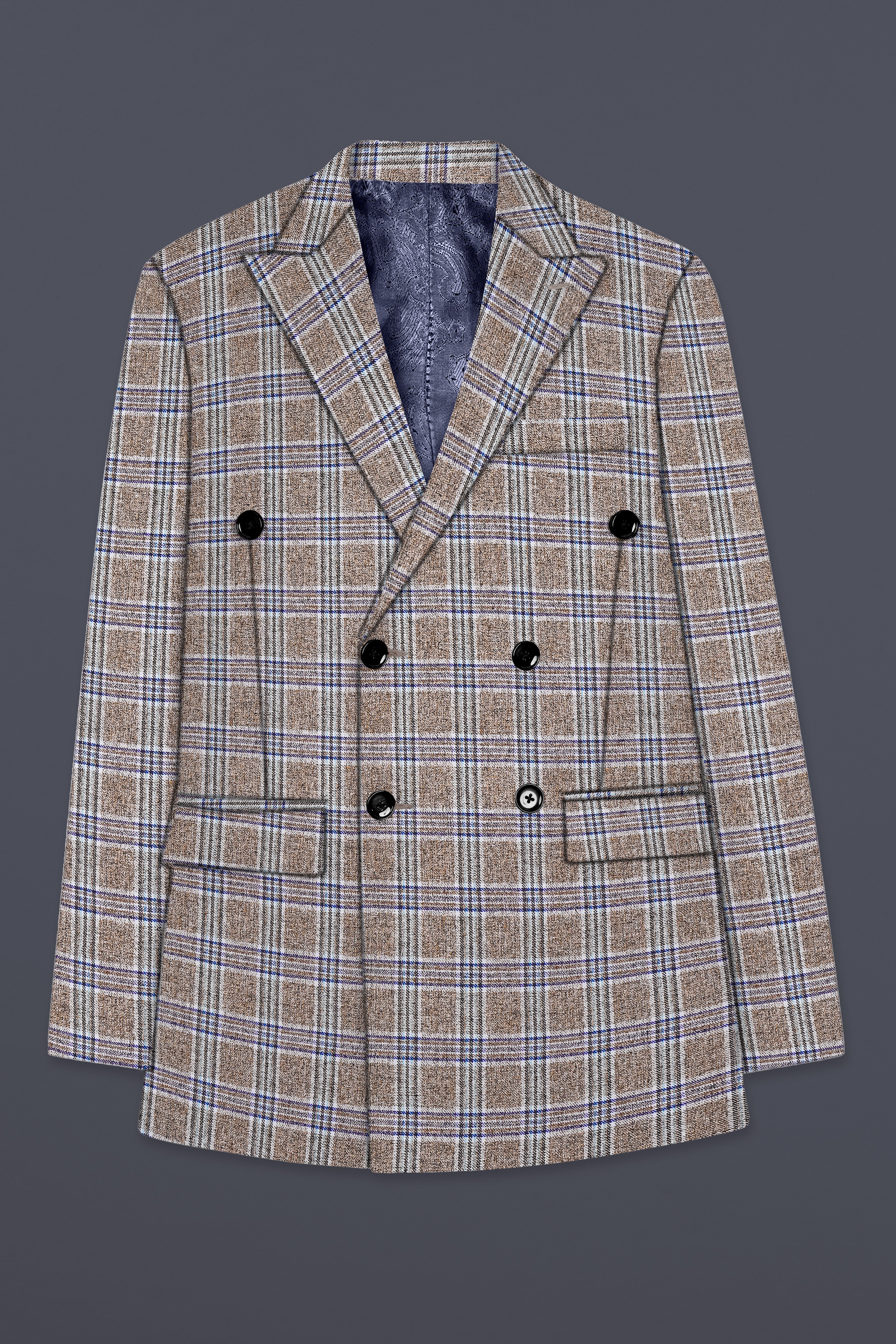 Shadow Brown with Rhino Blue Plaid Wool Blend Double Breasted Blazer