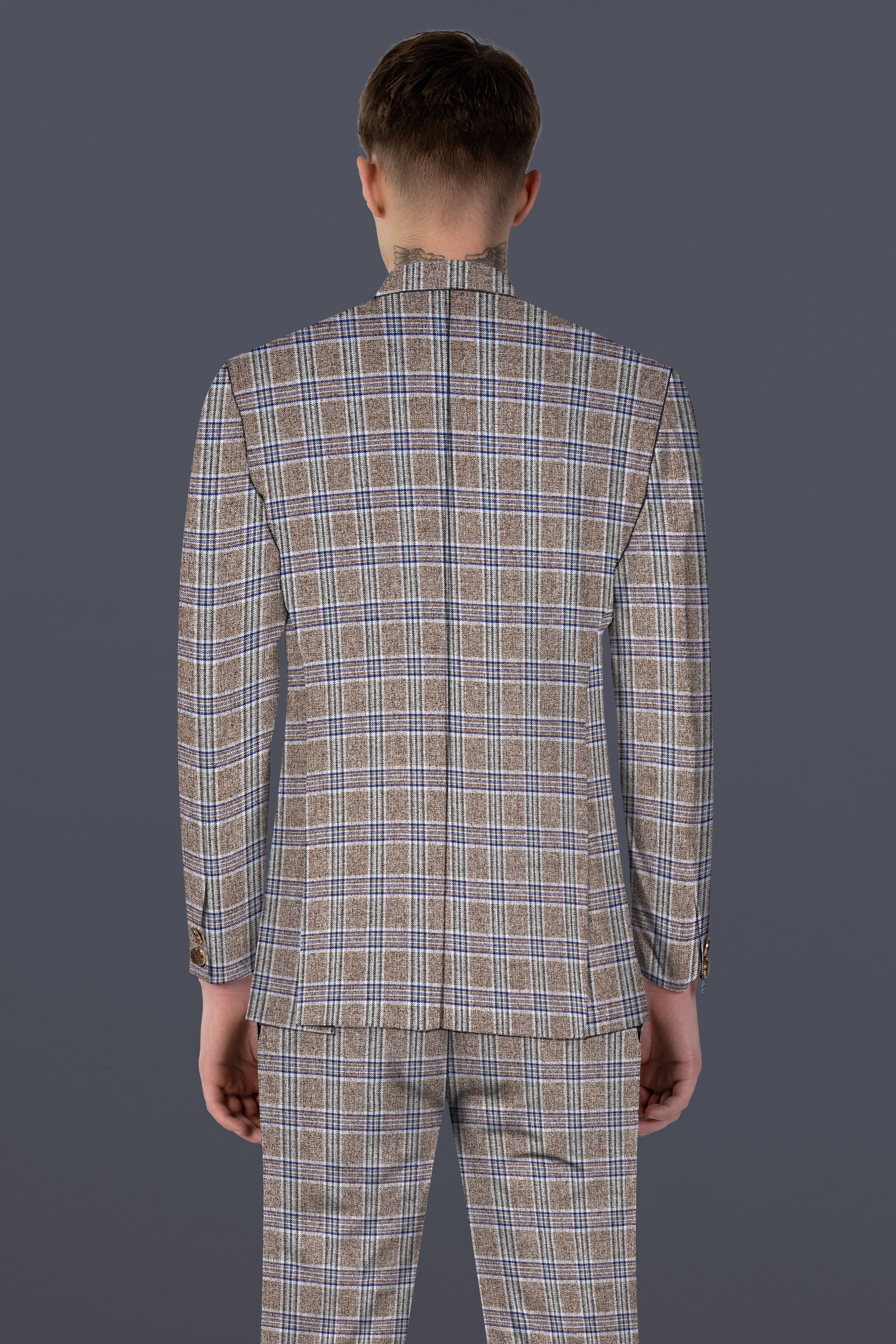 Shadow Brown with Rhino Blue Plaid Wool Blend Bandhgala Blazer