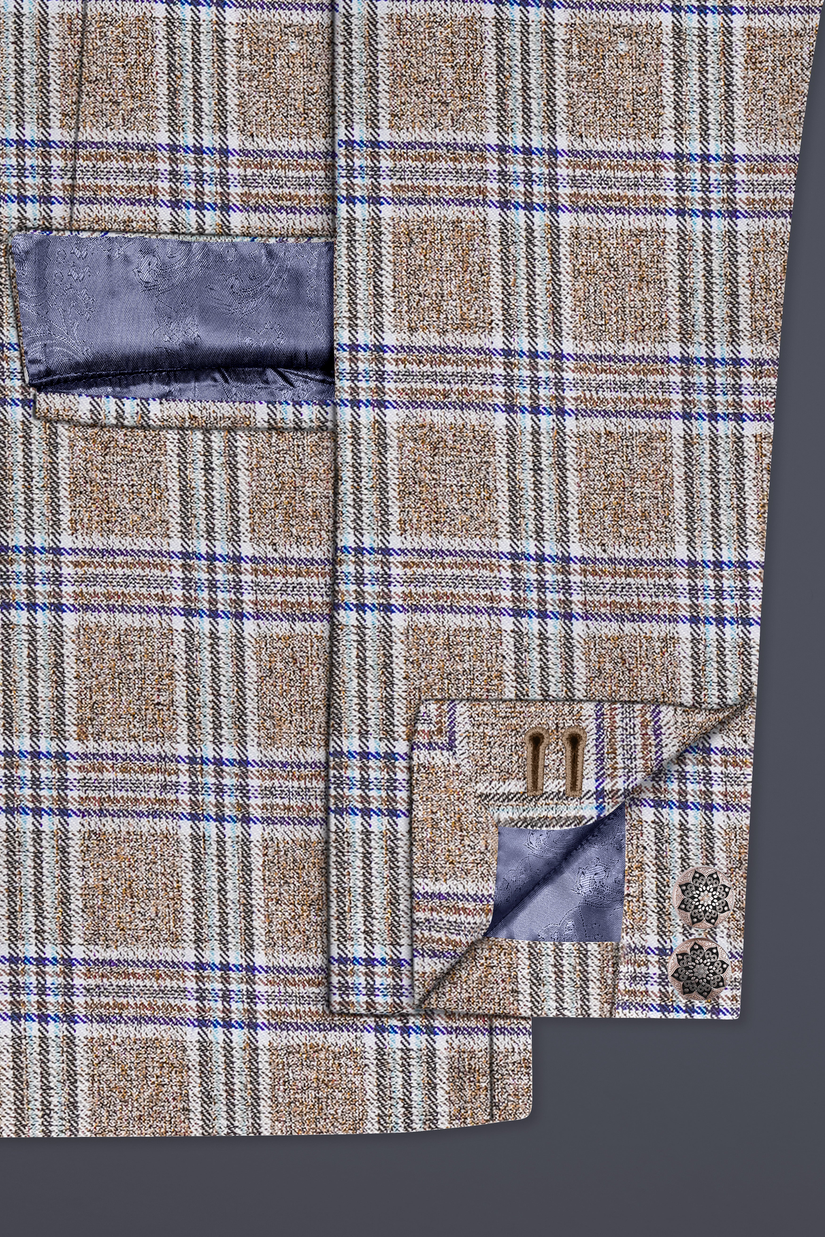 Shadow Brown with Rhino Blue Plaid Wool Blend Bandhgala Blazer