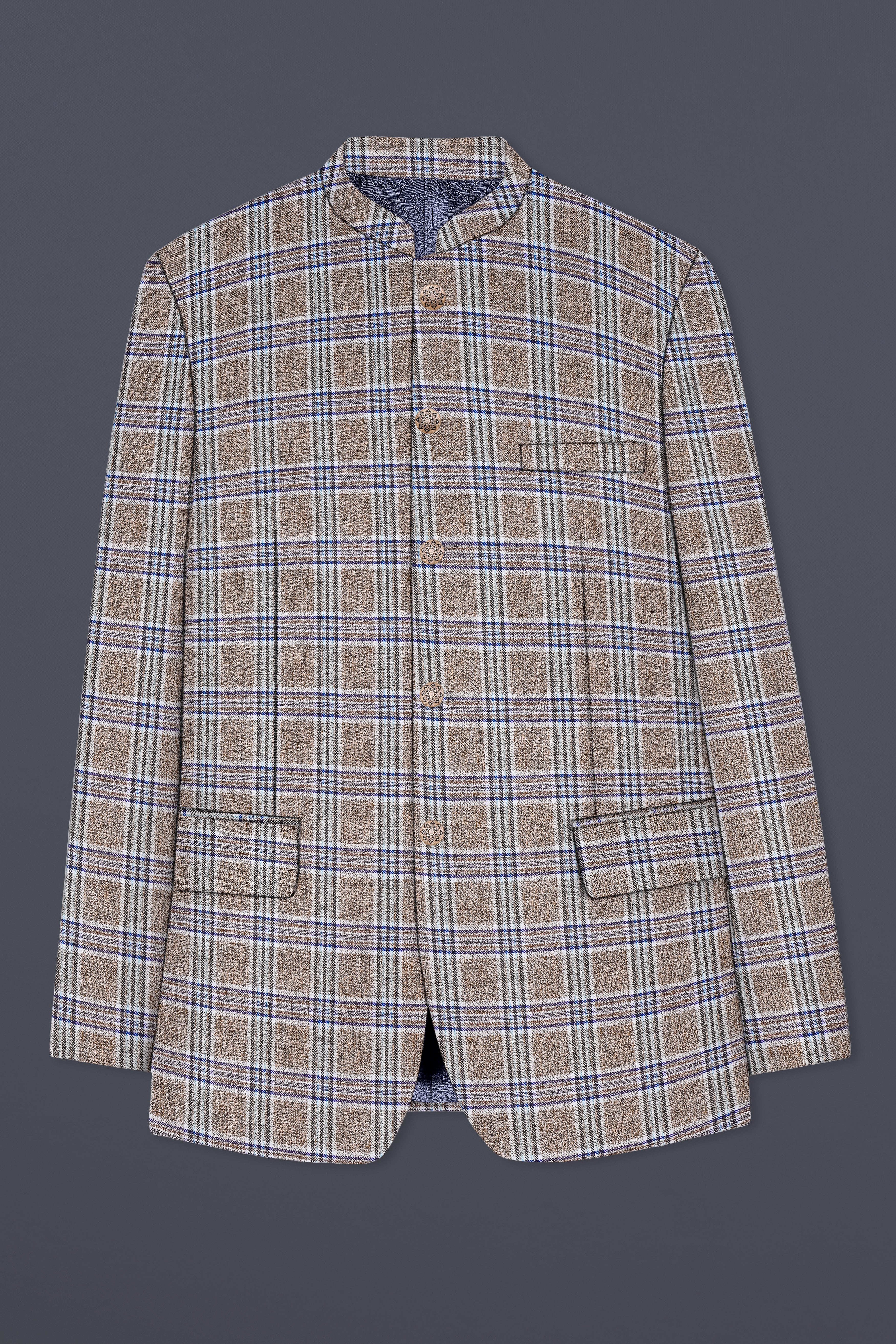 Shadow Brown with Rhino Blue Plaid Wool Blend Bandhgala Blazer