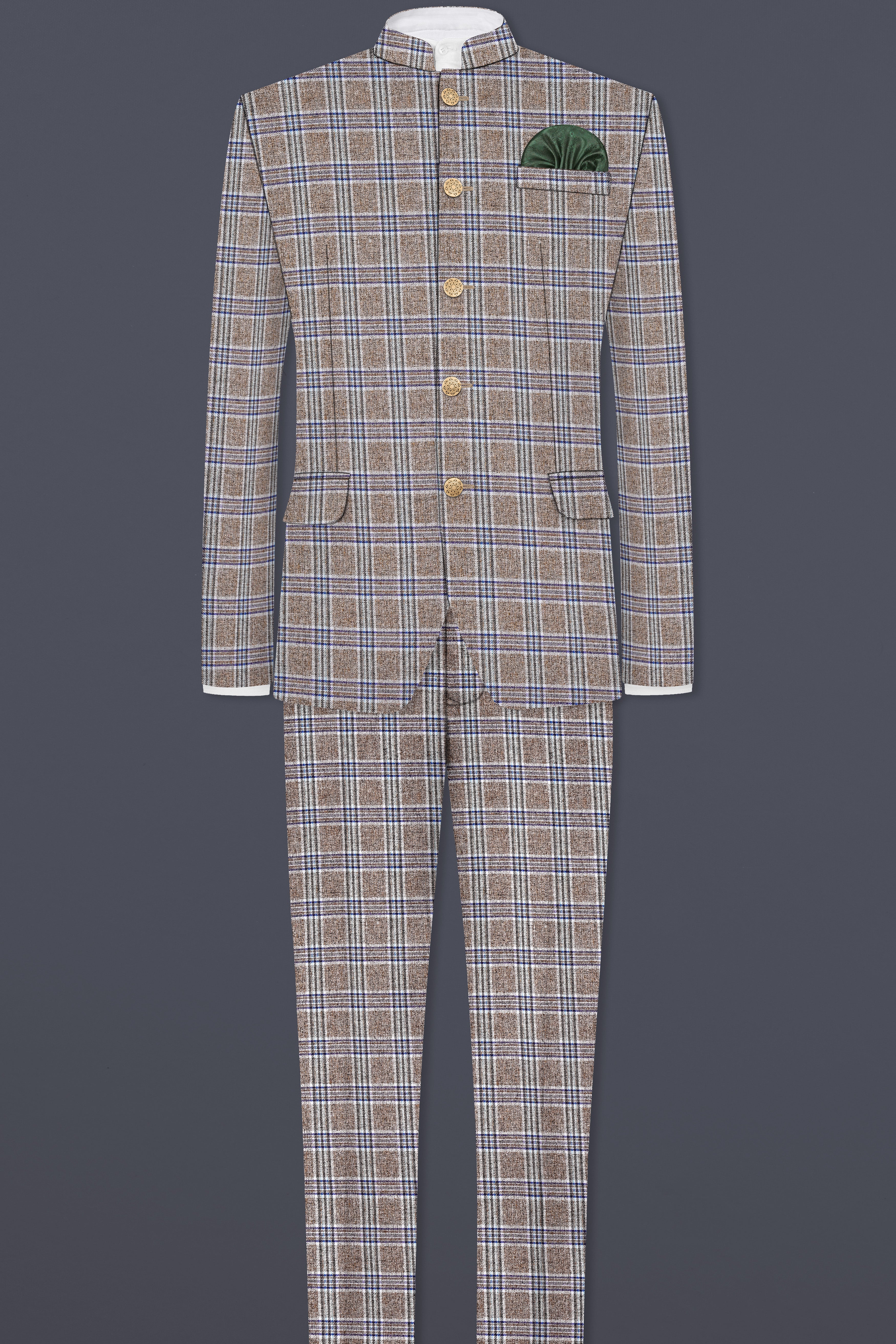 Shadow Brown with Rhino Blue Plaid Wool Blend Bandhgala Blazer