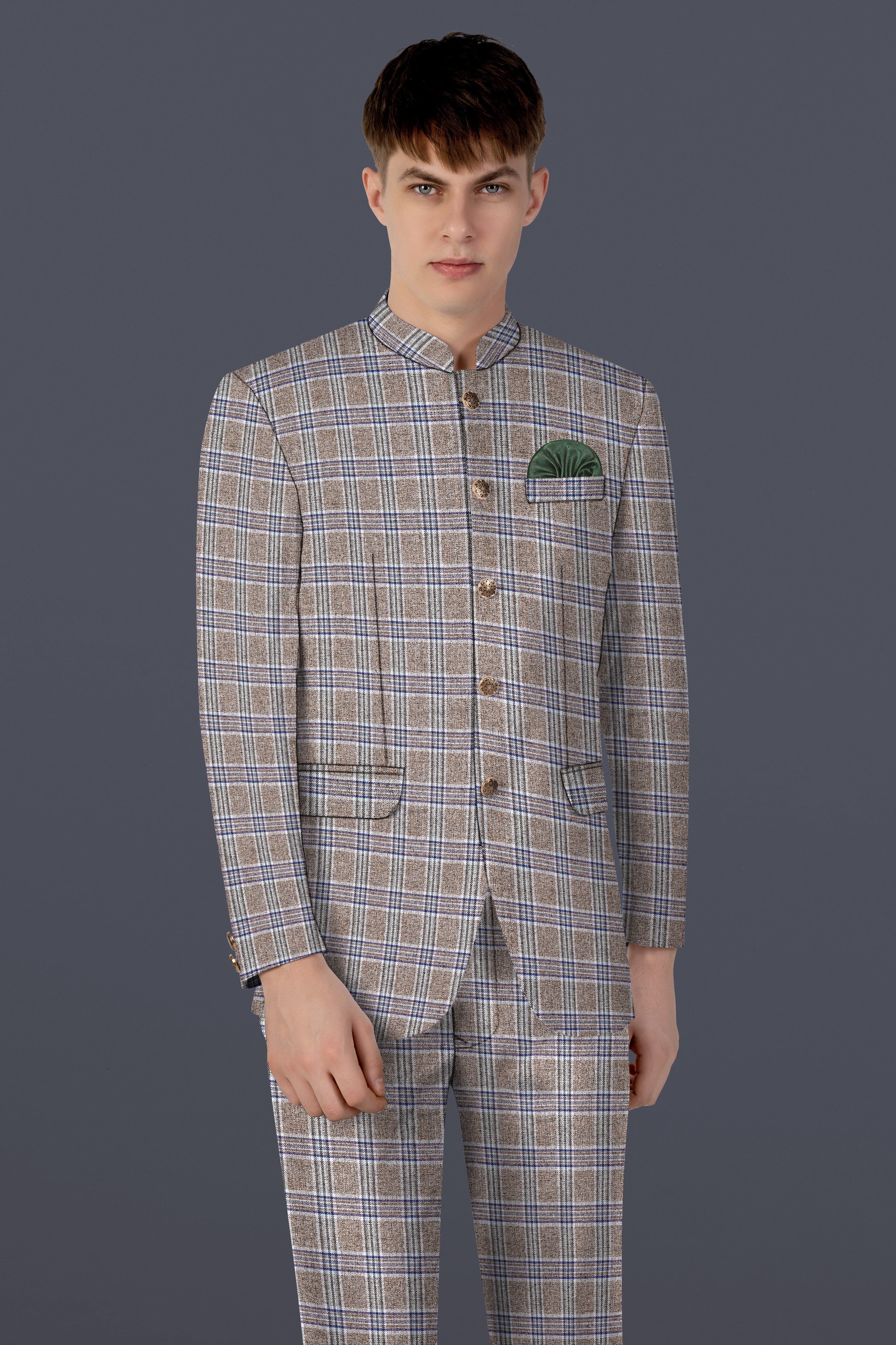 Shadow Brown with Rhino Blue Plaid Wool Blend Bandhgala Blazer