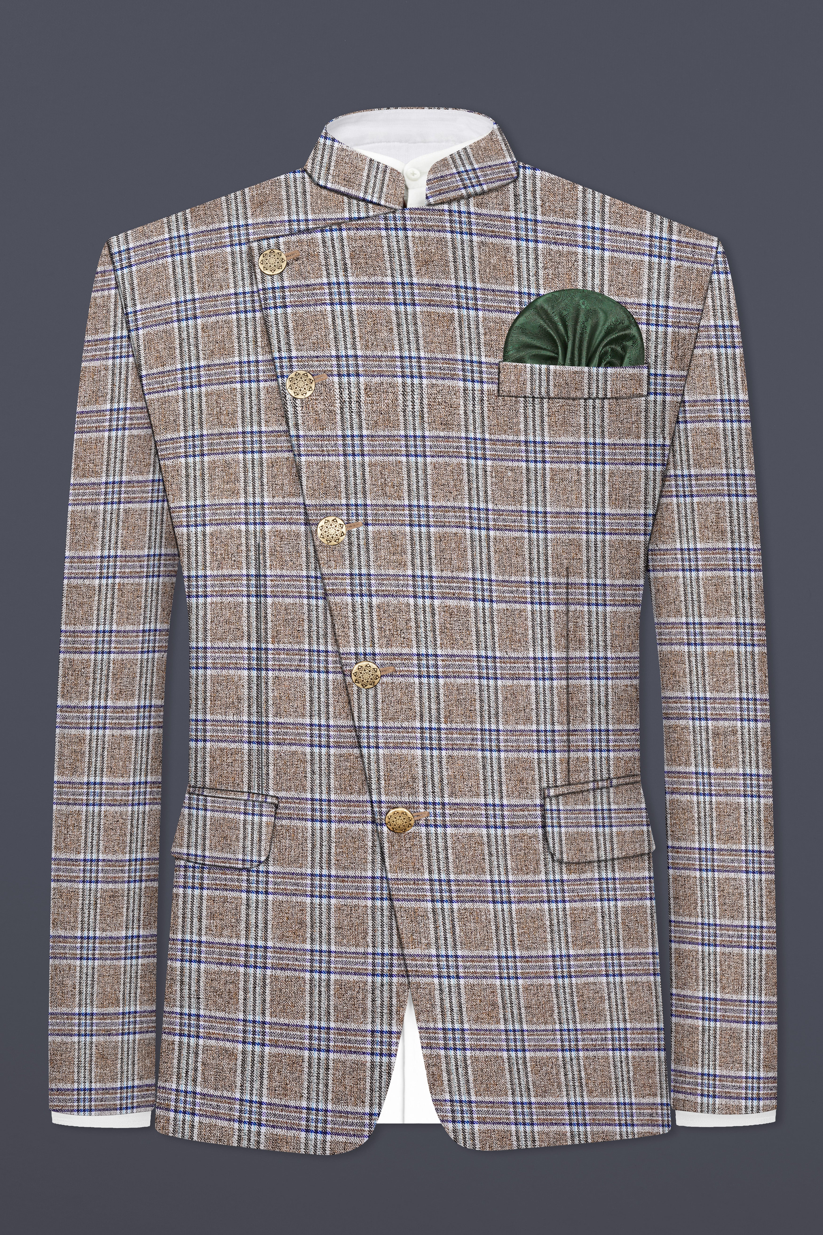 Shadow Brown with Rhino Blue Plaid Wool Blend Cross Placket Bandhgala Blazer