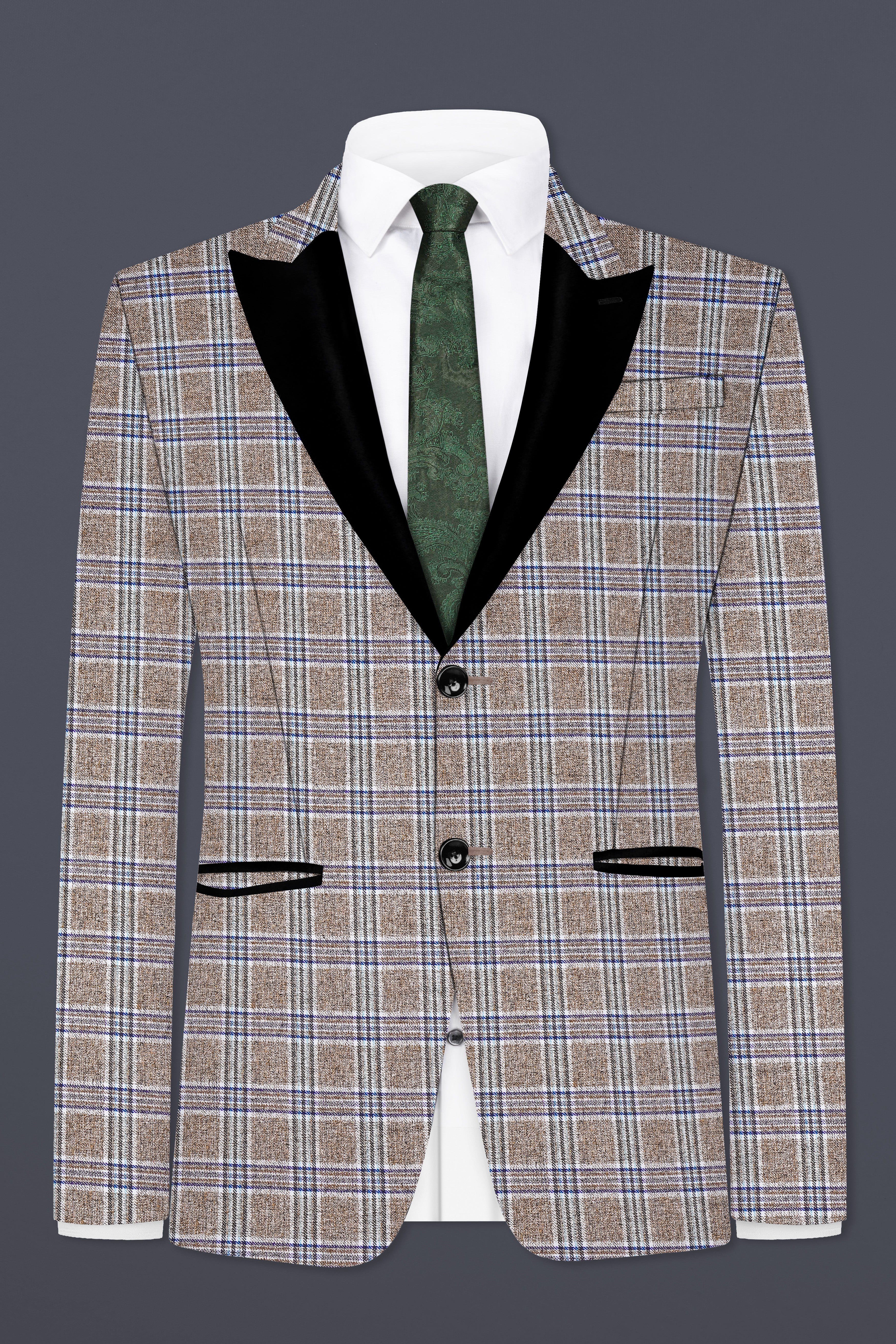 Shadow Brown with Rhino Blue Plaid Wool Blend Peak Collar Tuxedo Blazer