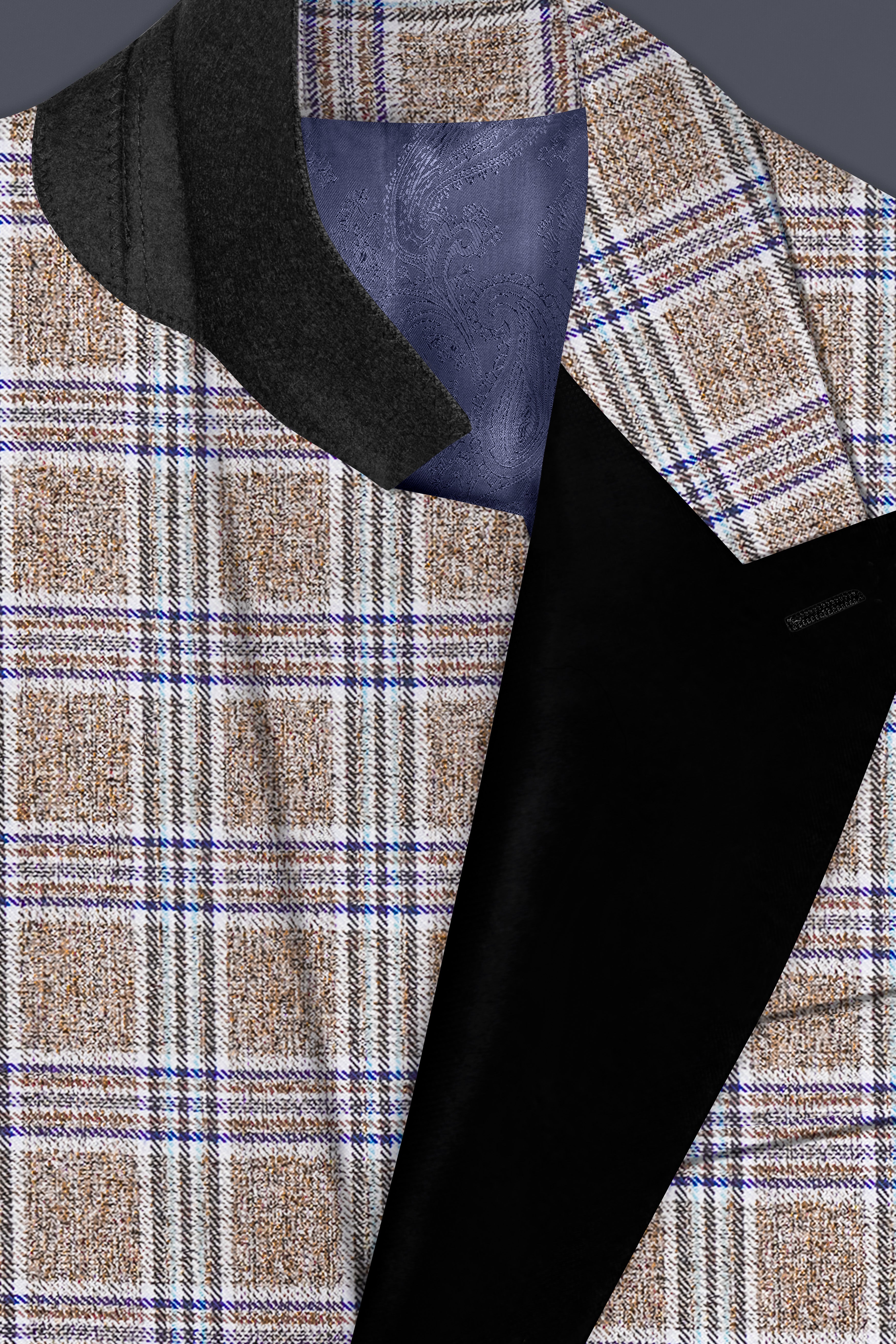 Shadow Brown with Rhino Blue Plaid Wool Blend Peak Collar Tuxedo Blazer