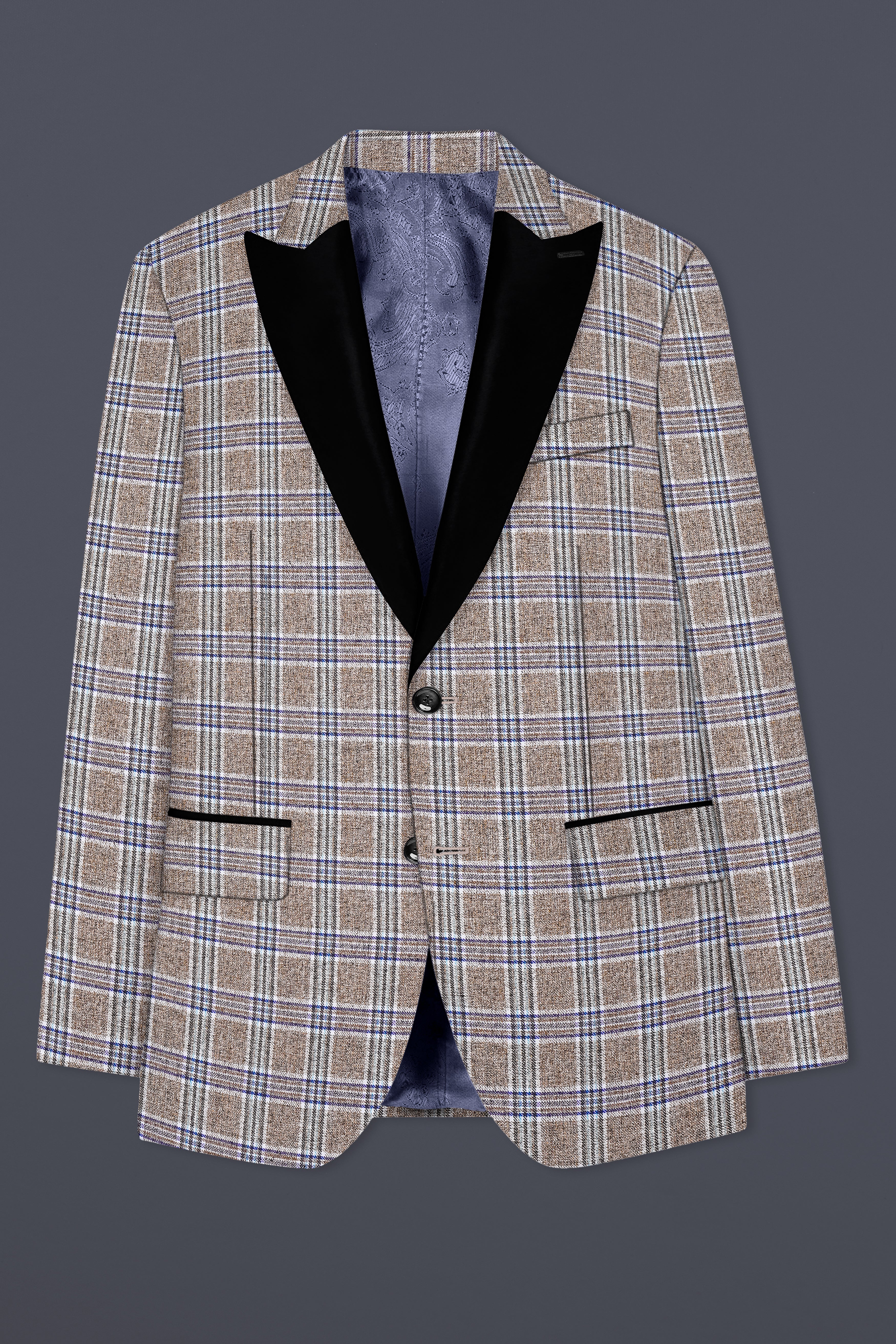 Shadow Brown with Rhino Blue Plaid Wool Blend Peak Collar Tuxedo Blazer