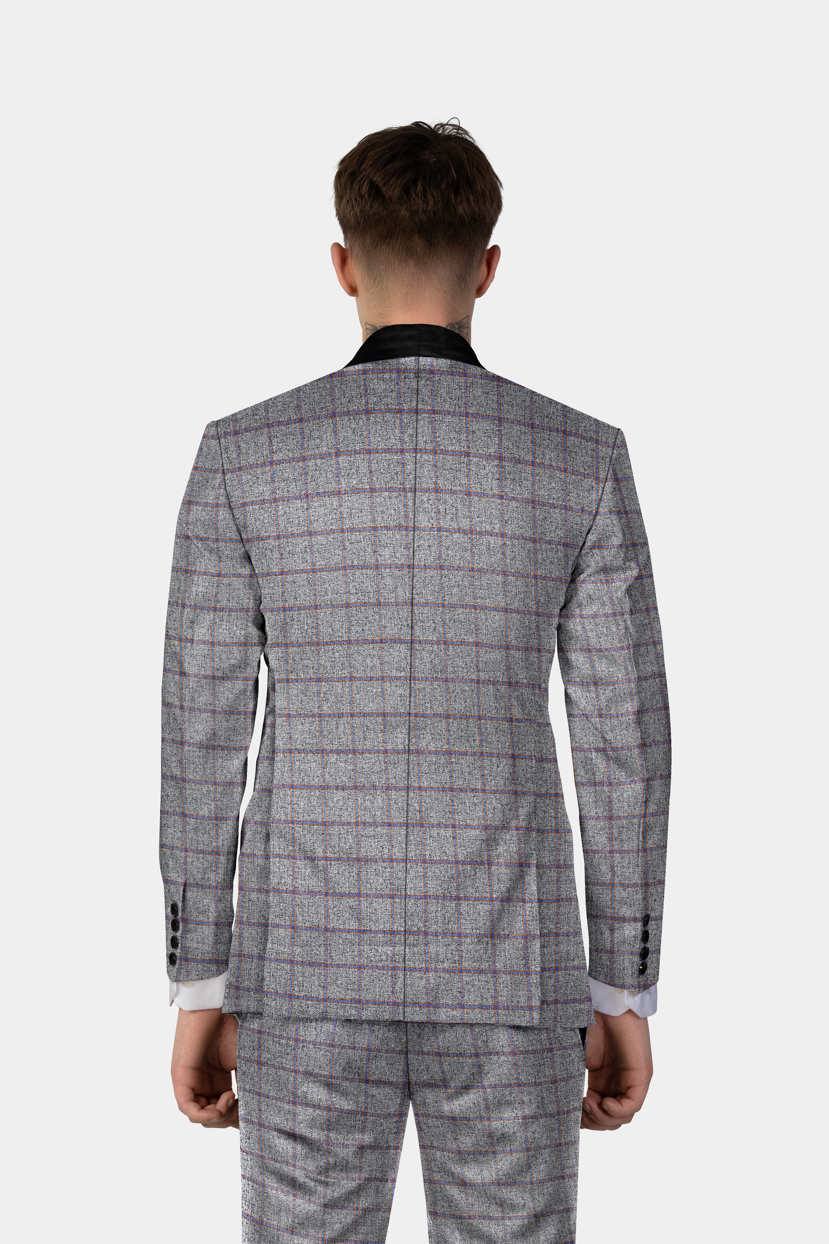 Smokey Gray Windowpane Wool Blend Tuxedo Blazer