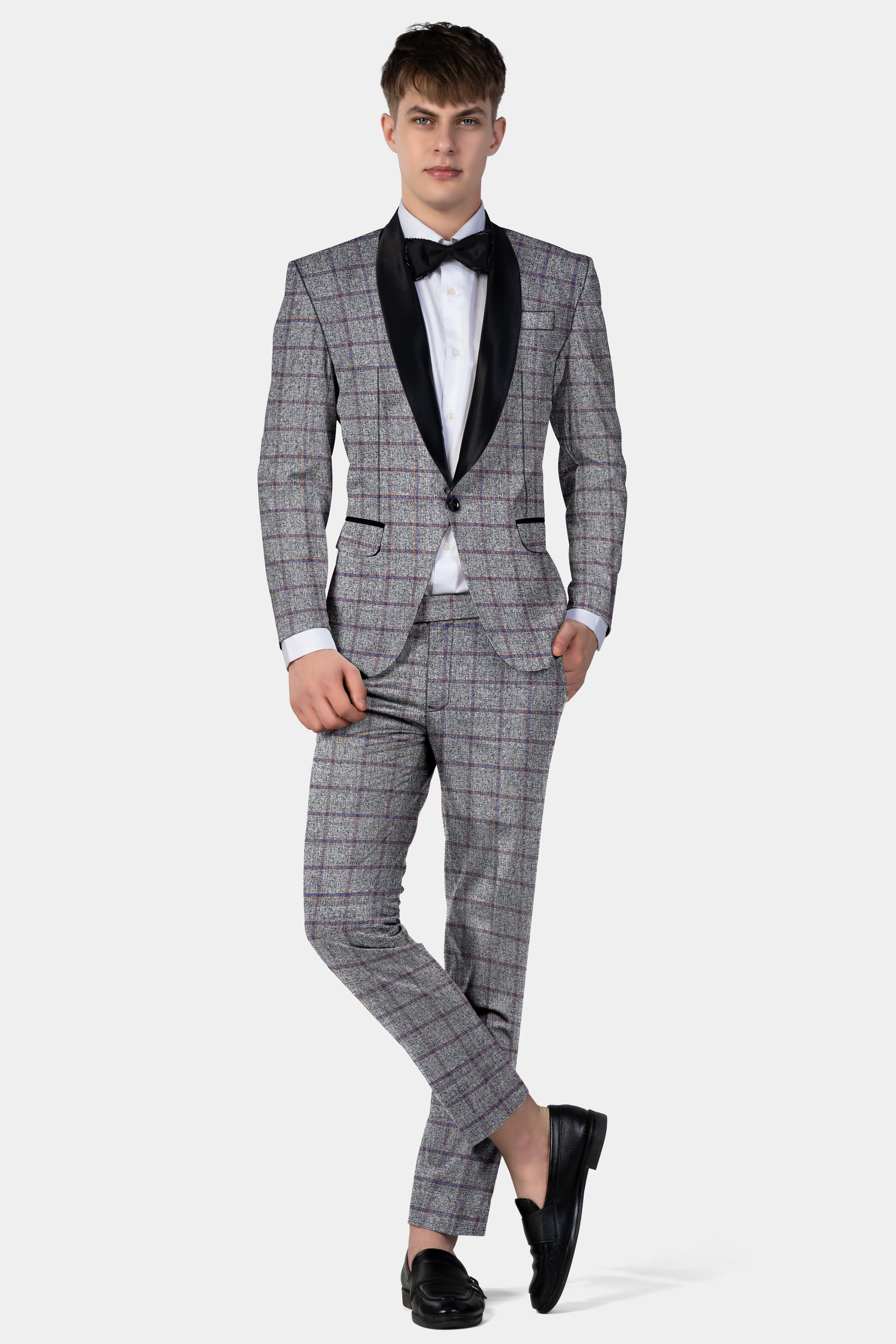 Smokey Gray Windowpane Wool Blend Tuxedo Blazer