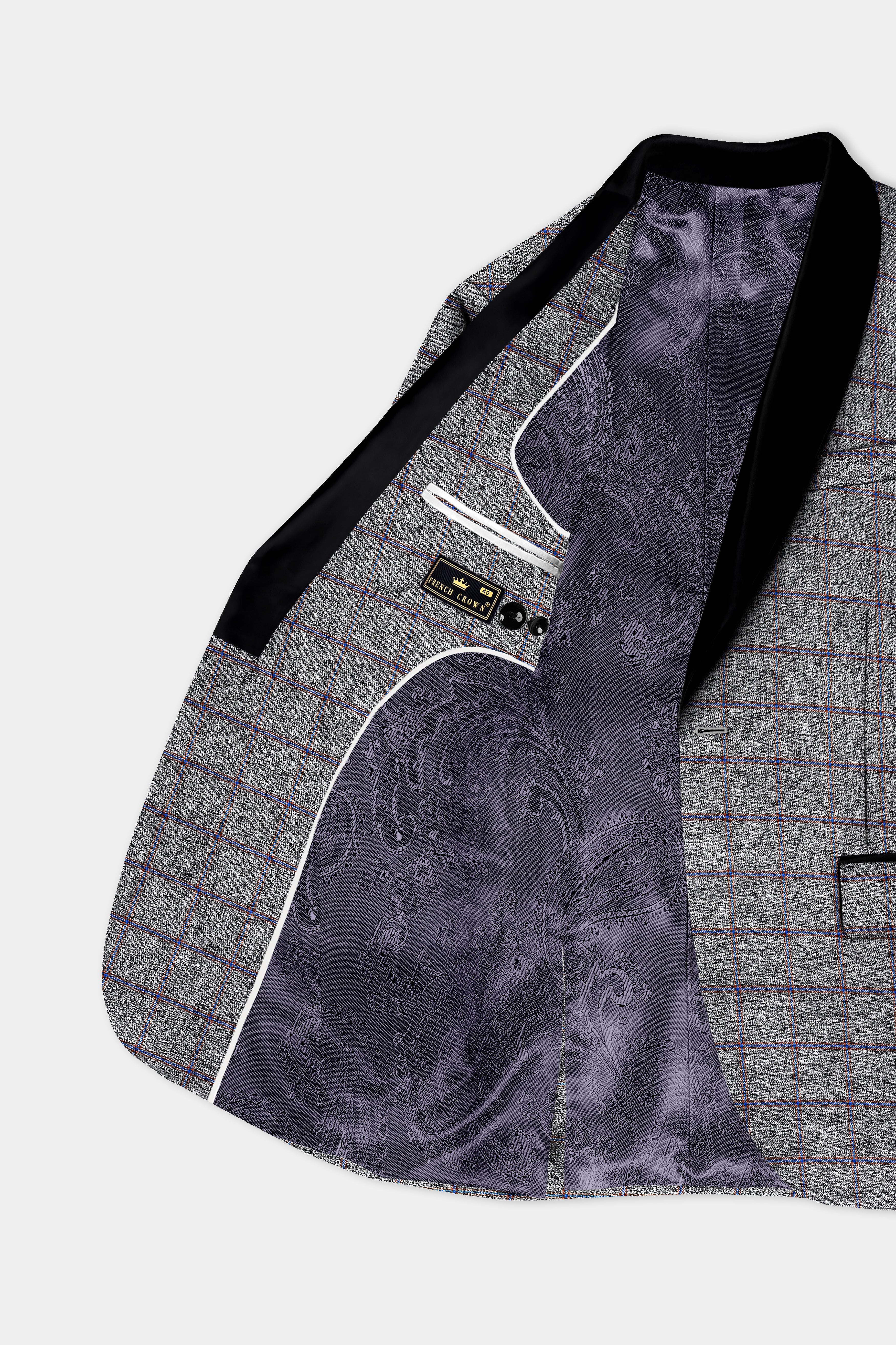 Smokey Gray Windowpane Wool Blend Tuxedo Blazer