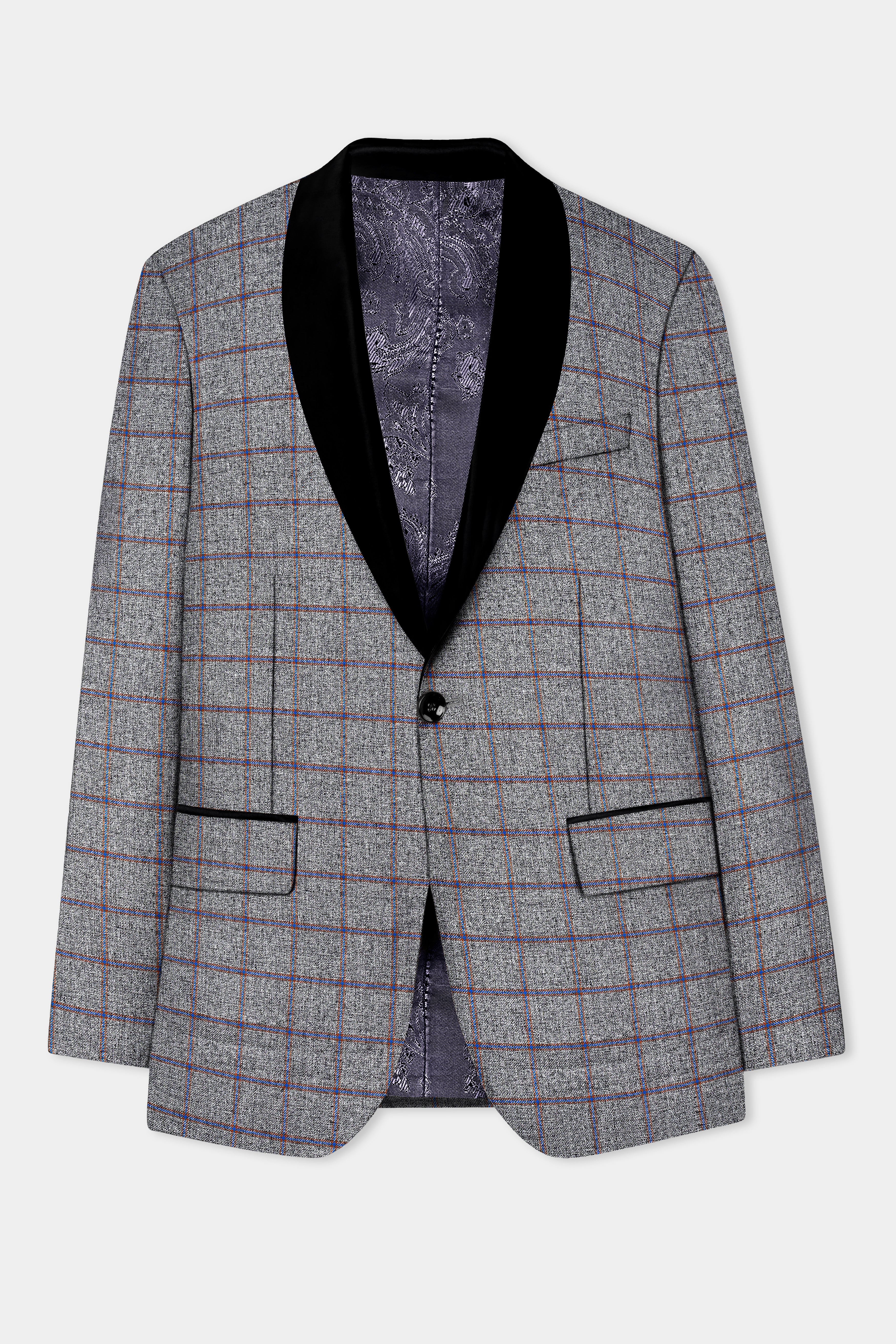 Smokey Gray Windowpane Wool Blend Tuxedo Blazer