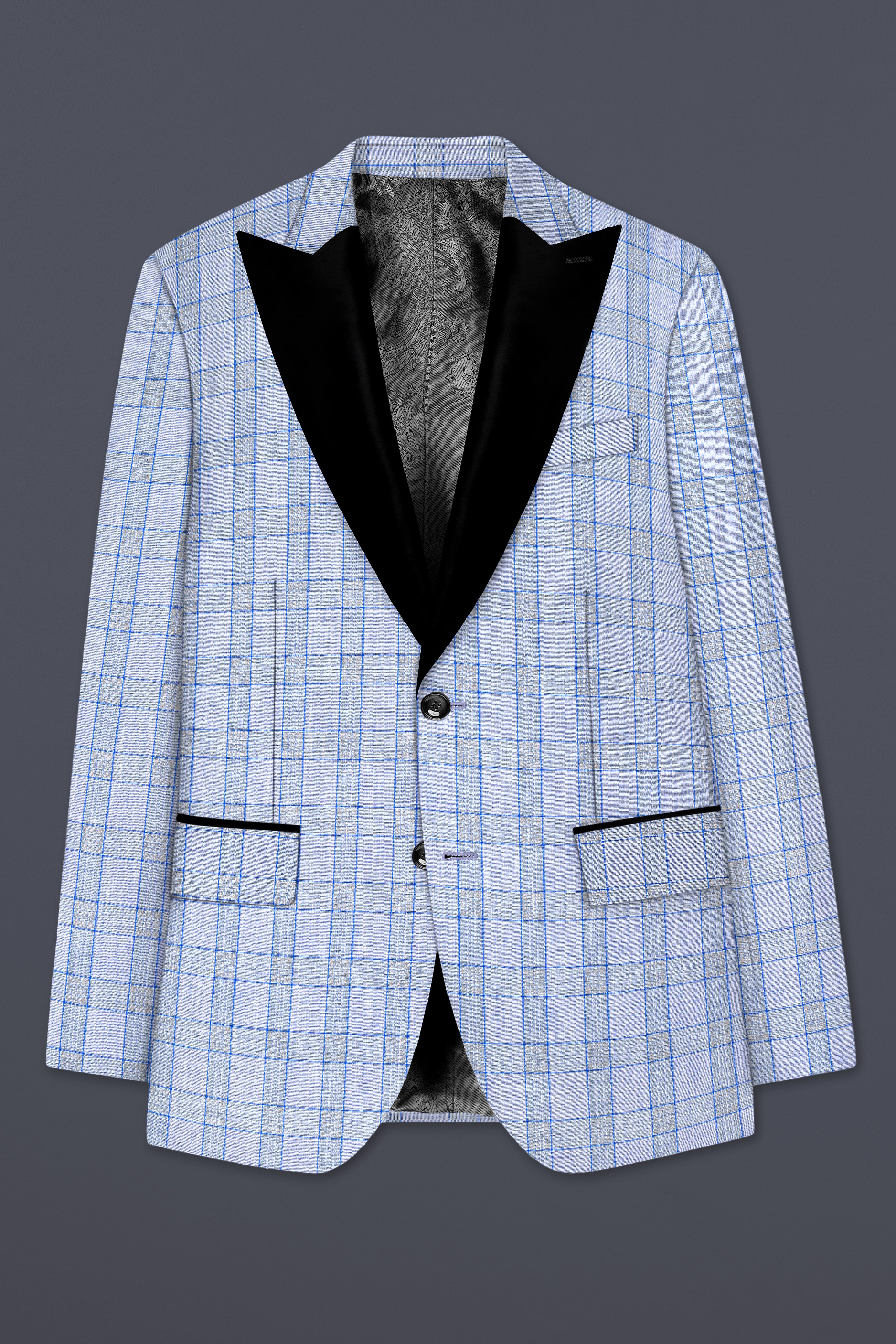 Carolina Blue Plaid Wool Blend Peak Collar Tuxedo Blazer