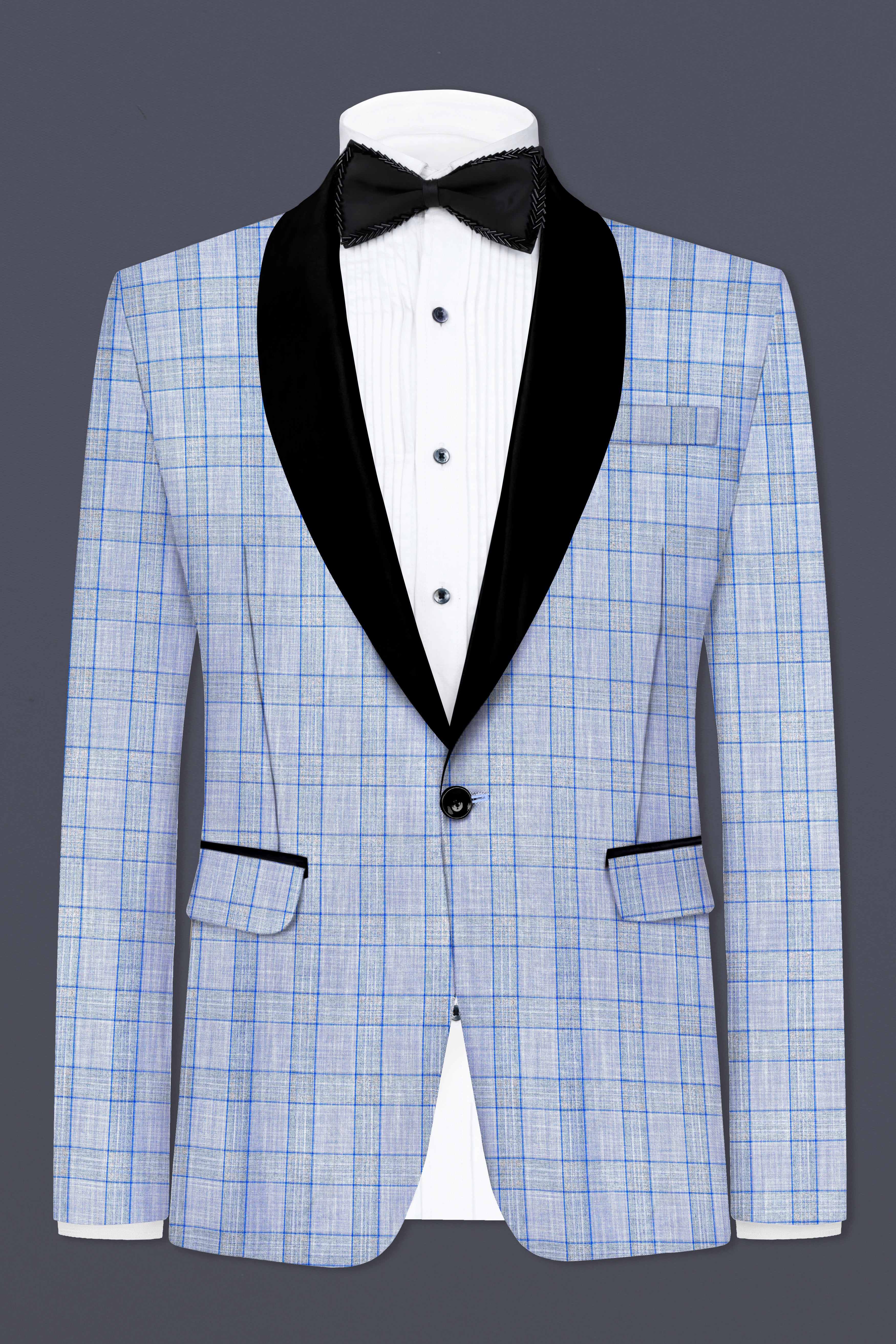 Carolina Blue Plaid Wool Blend Tuxedo Blazer