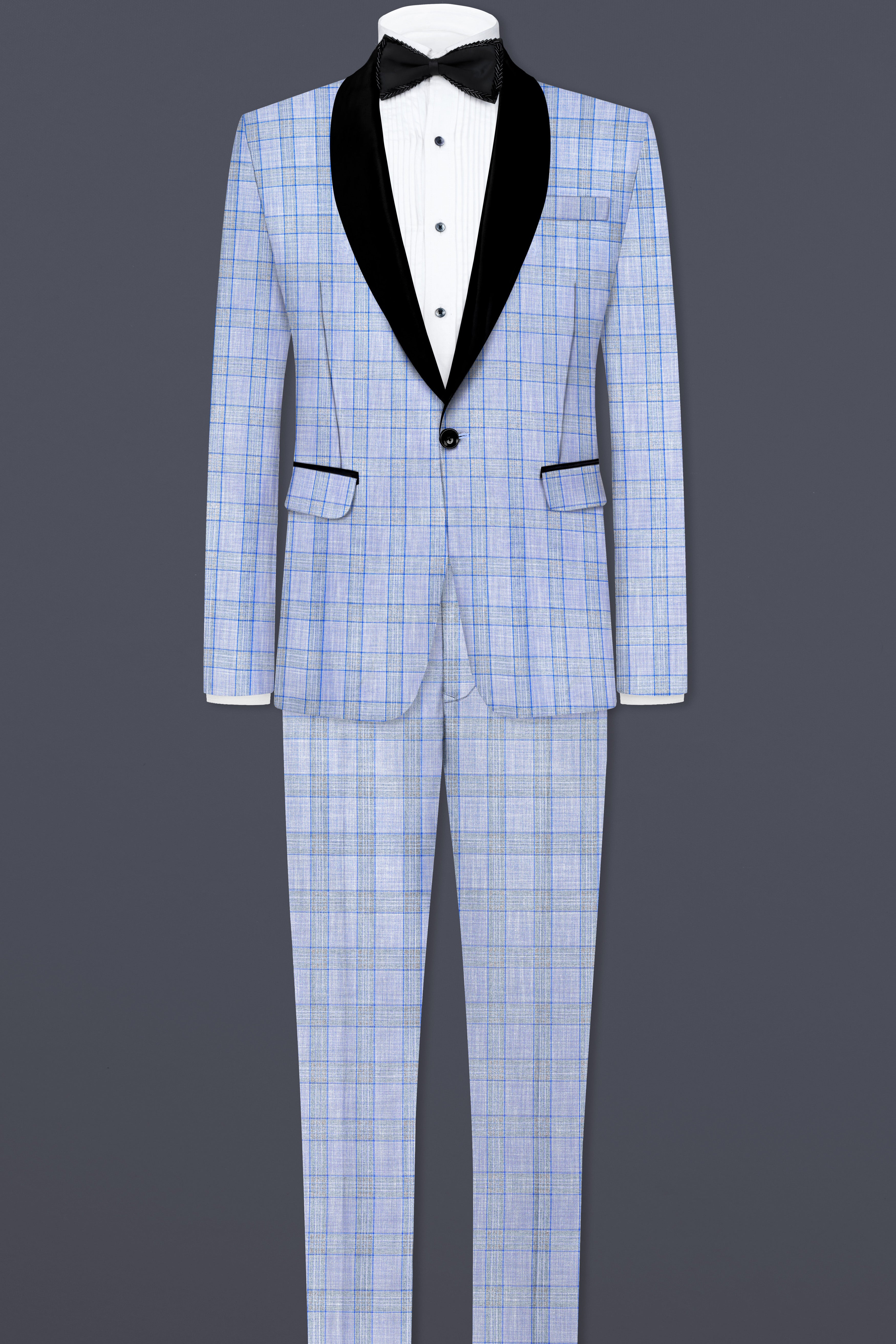 Carolina Blue Plaid Wool Blend Tuxedo Blazer