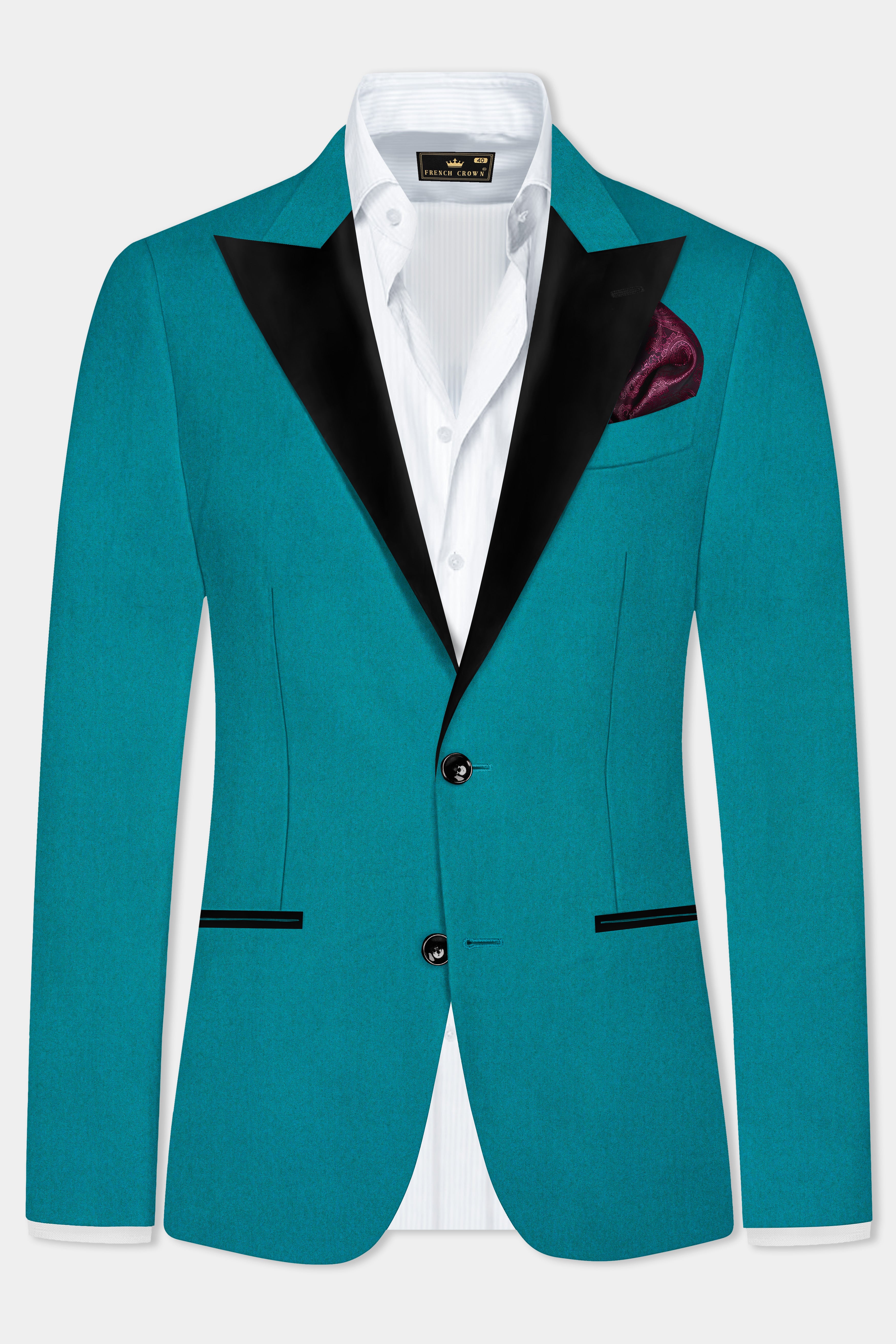 Surfie Green Plain Solid Wool Blend Peak Collar Tuxedo Blazer