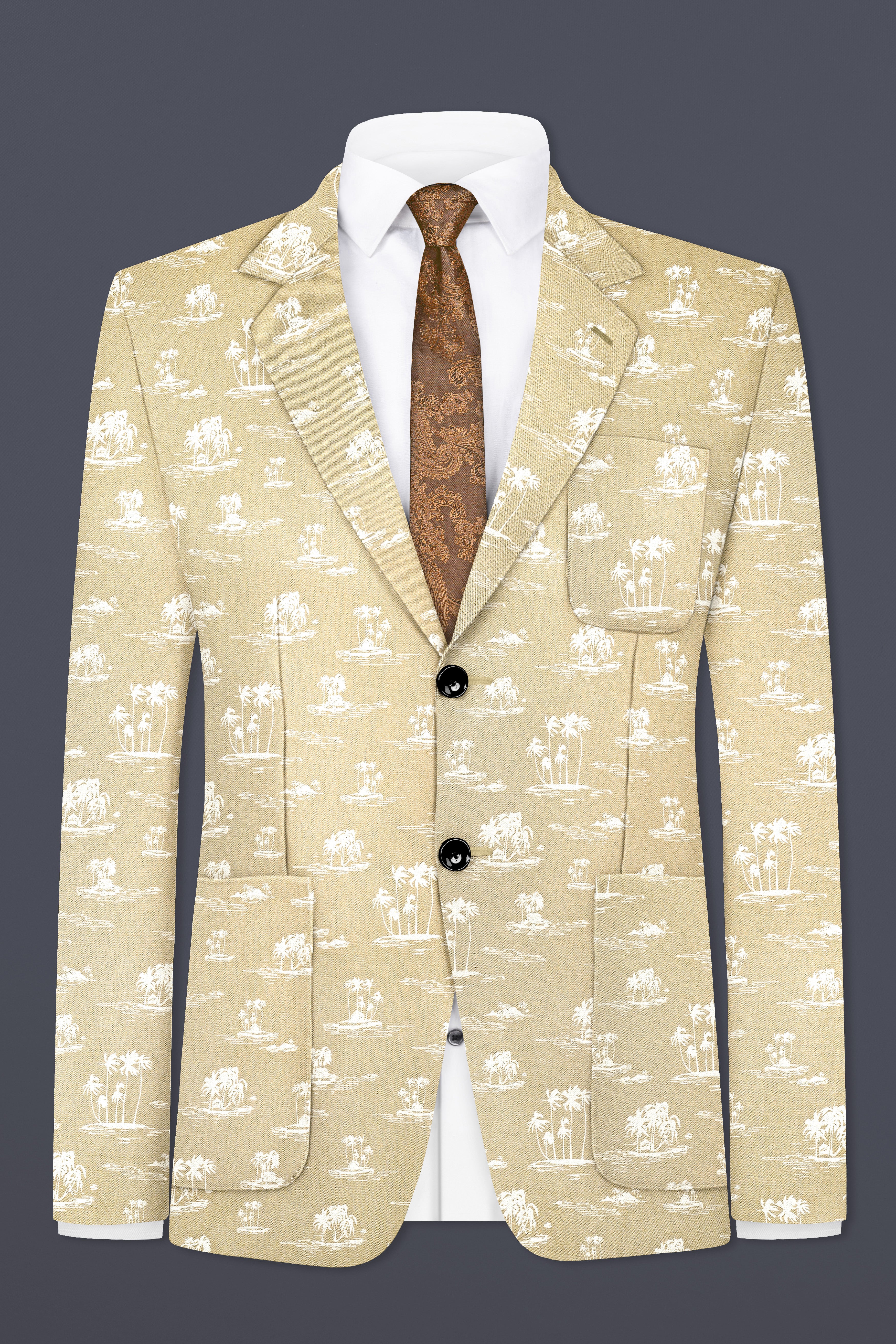 Malta Cream Coconut Tree Printed Cotton Single Breasted Blazer