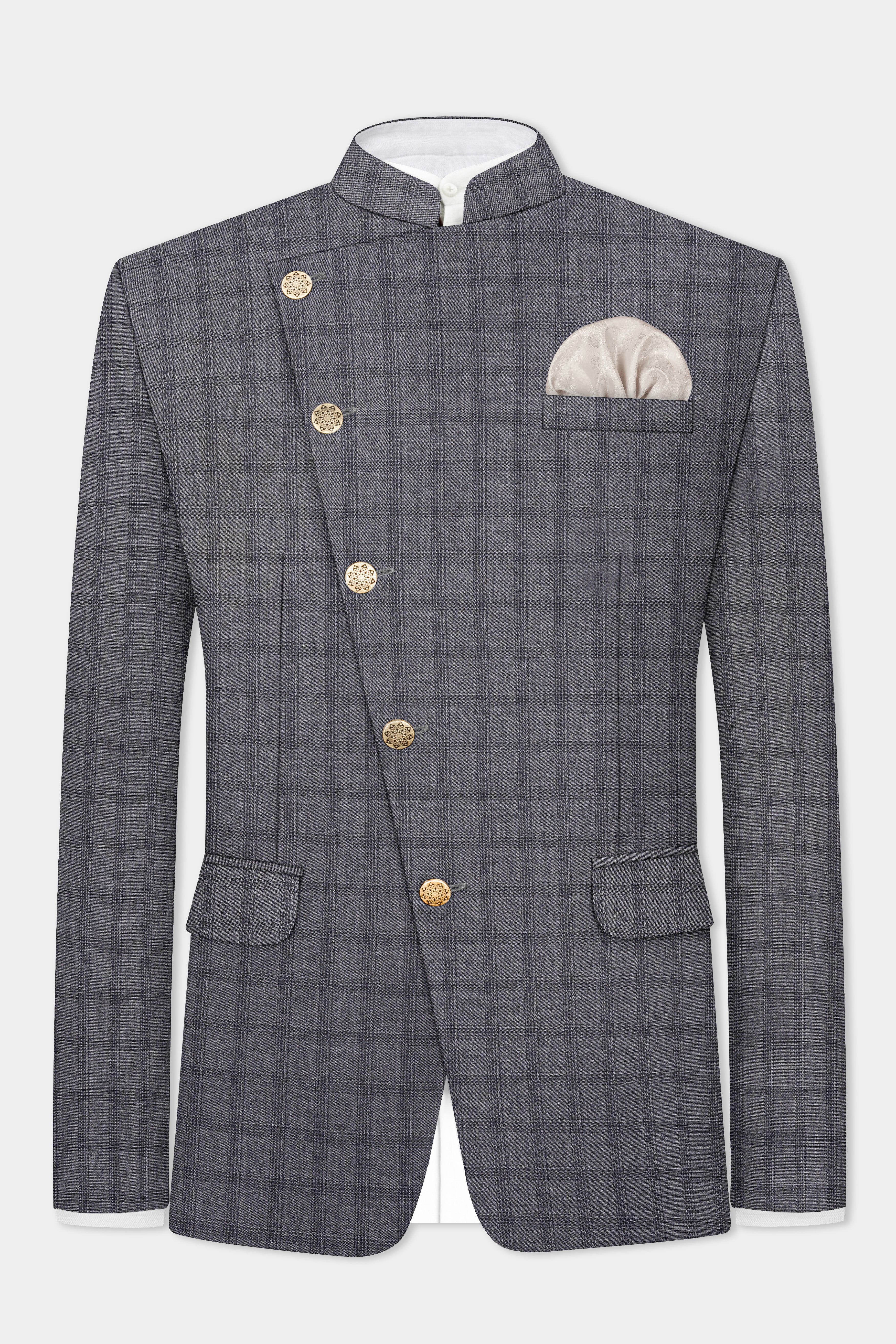 Gravel Gray Checked Wool Blend Cross Placket Bandhgala Blazer