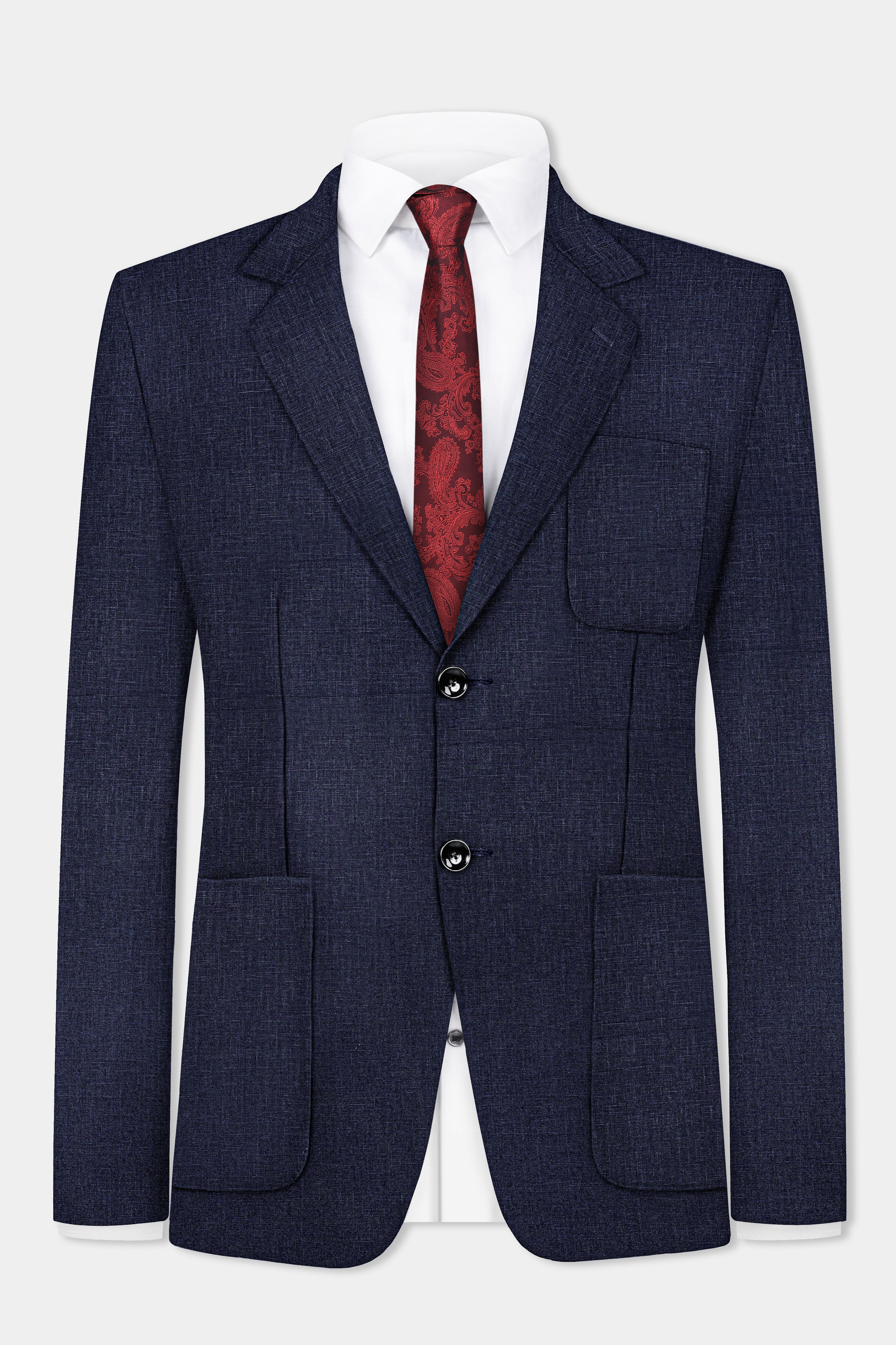 Shark Blue Textured Luxurious Linen Single Breasted Blazer