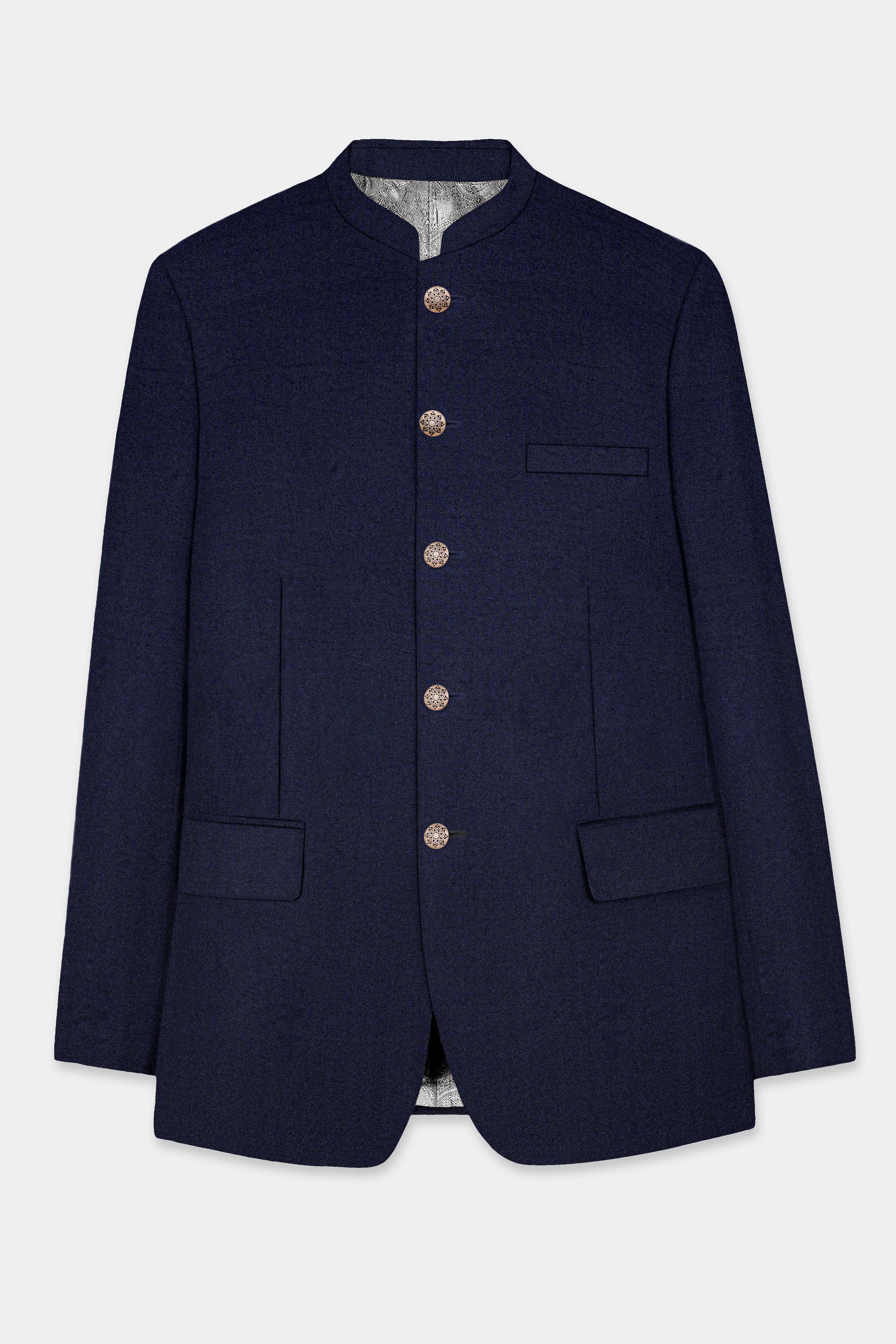 Thunder Blue Solid Wool Blend Bandhgala Blazer