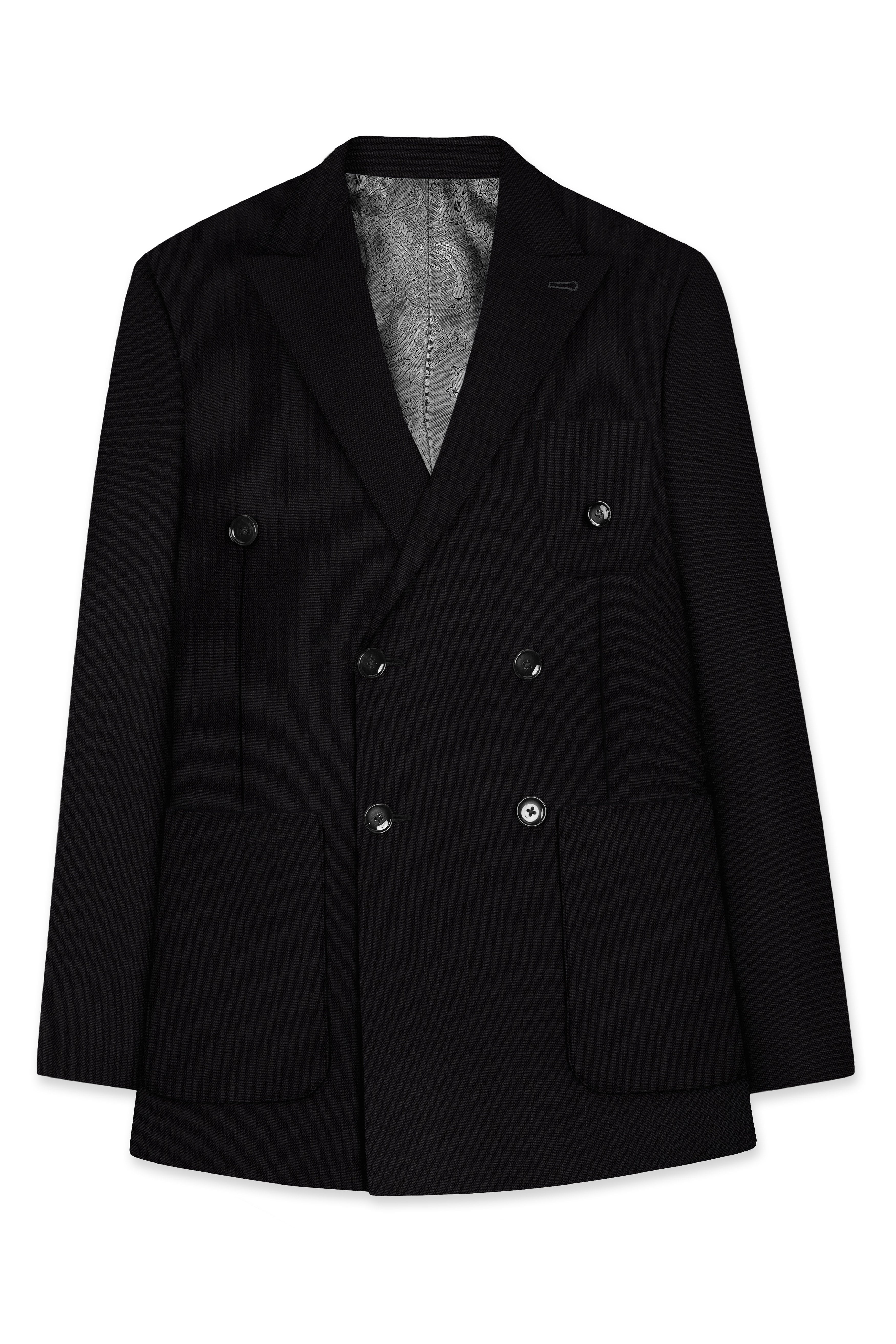 Jet Black Solid Luxurious Linen Double-breasted Sports Blazer
