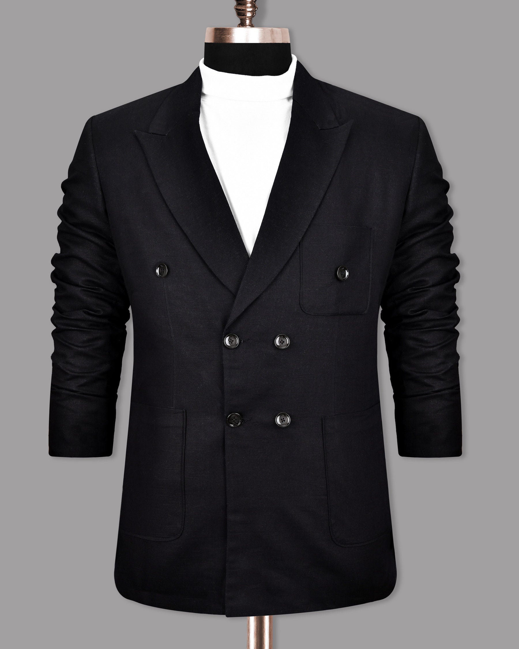 Jade Black Luxurious Linen Double-Breasted Sports Blazer