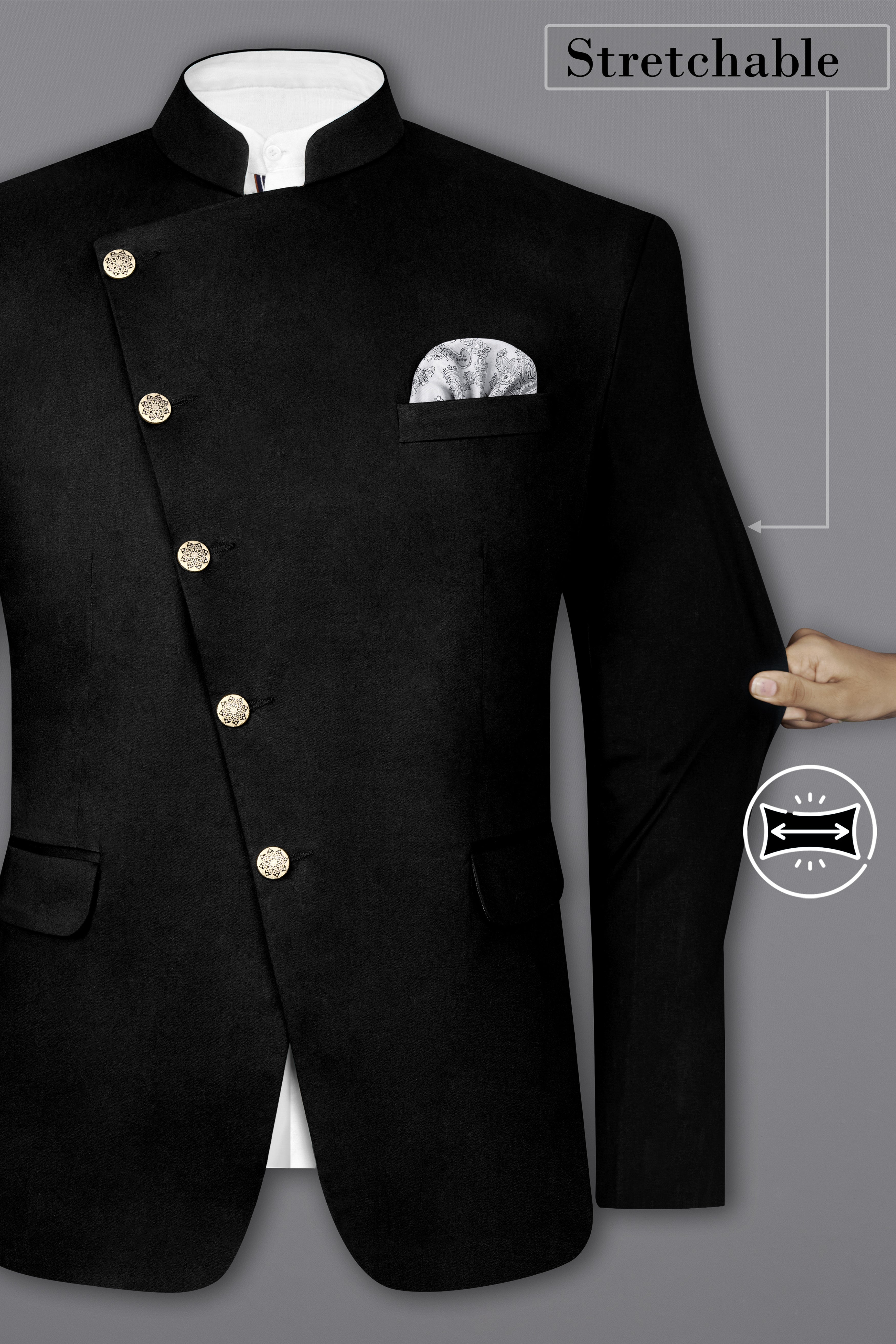 Jade Black Cross Placket Stretchable Premium Cotton Bandhgala traveler Blazer