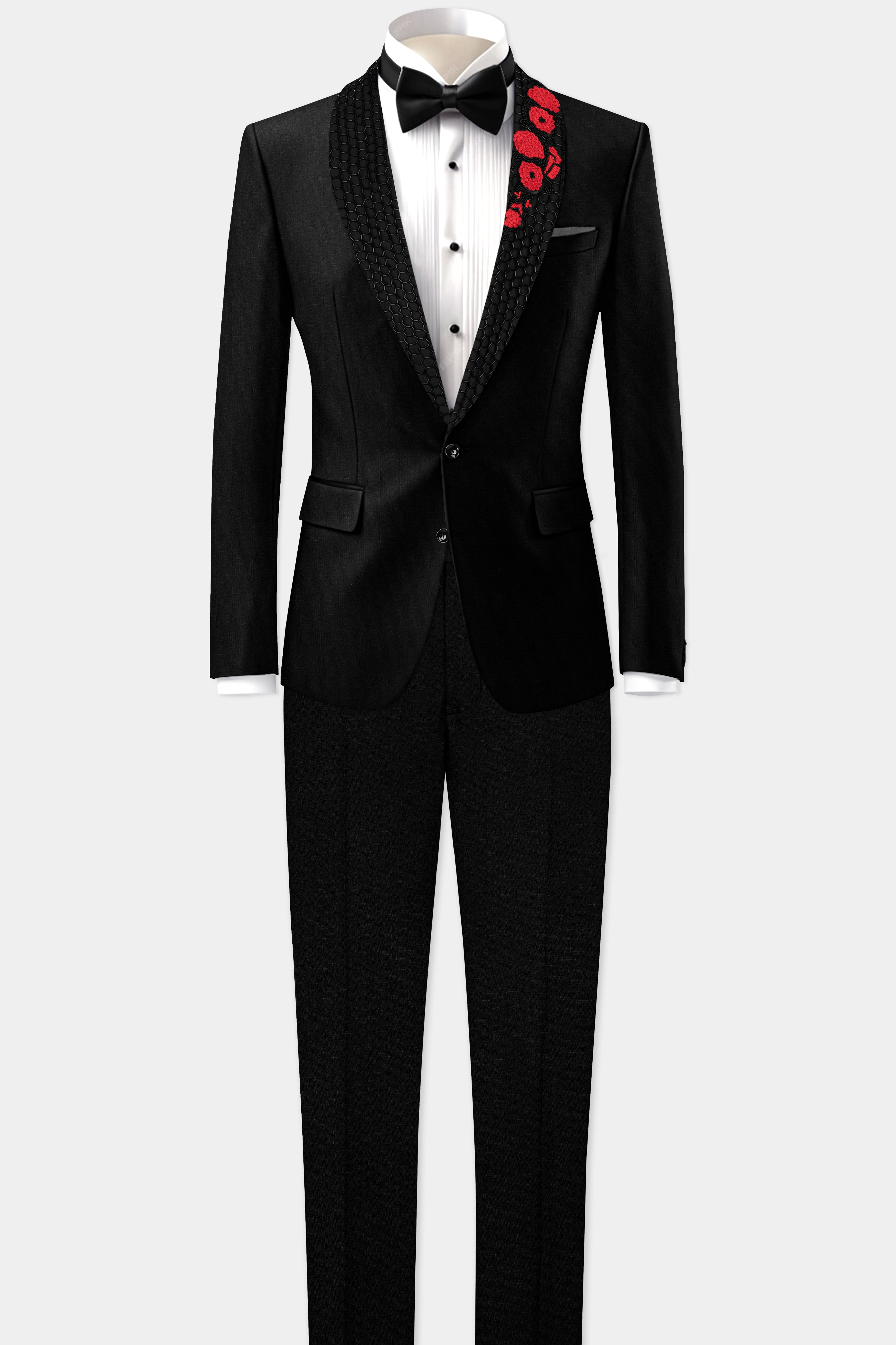 Jade Black Stretchable Subtle Sheen Wool Rich Handcrafted Designer Tuxedo Blazer