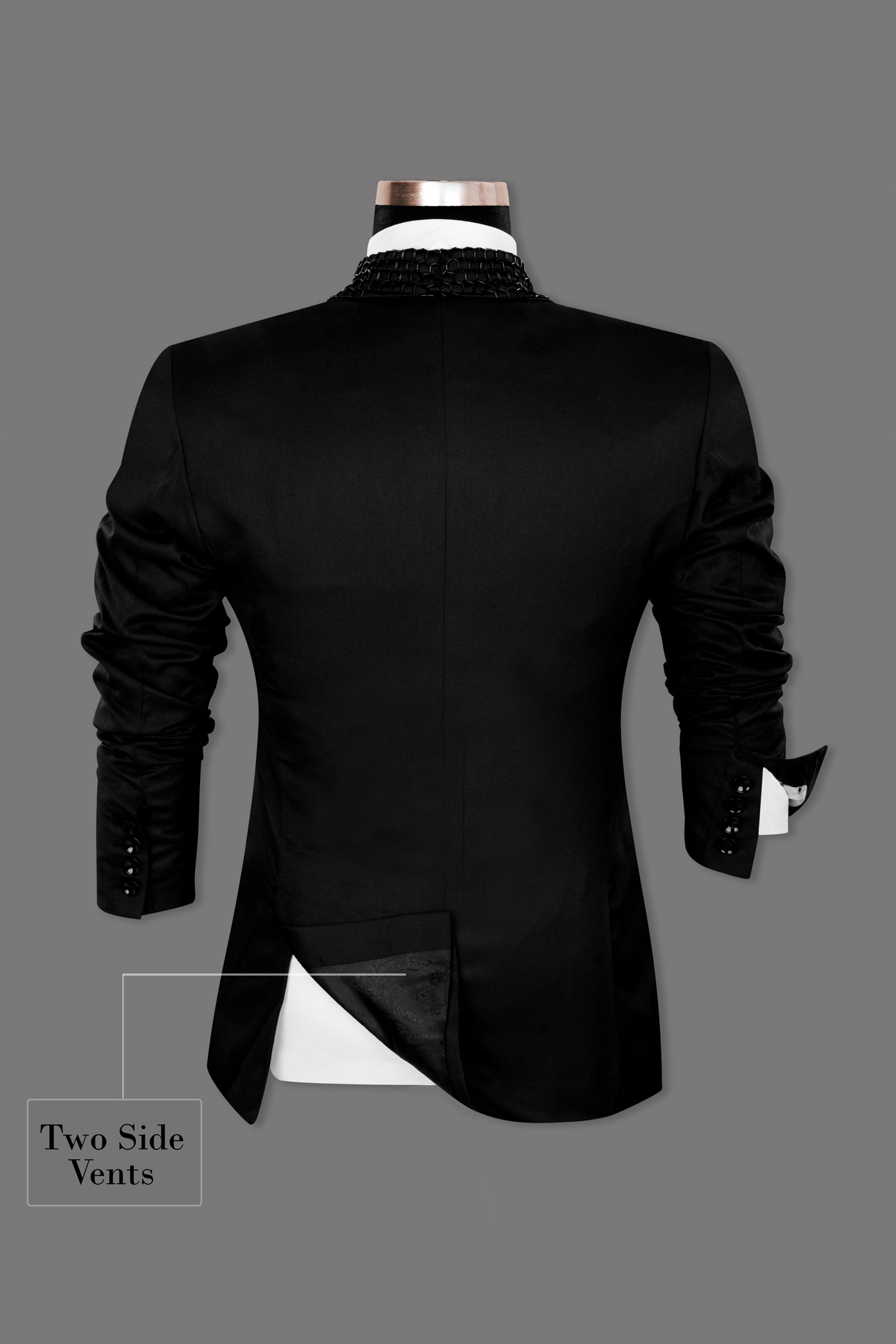 Jade Black Subtle Sheen Wool Rich Handcrafted Designer Tuxedo Blazer