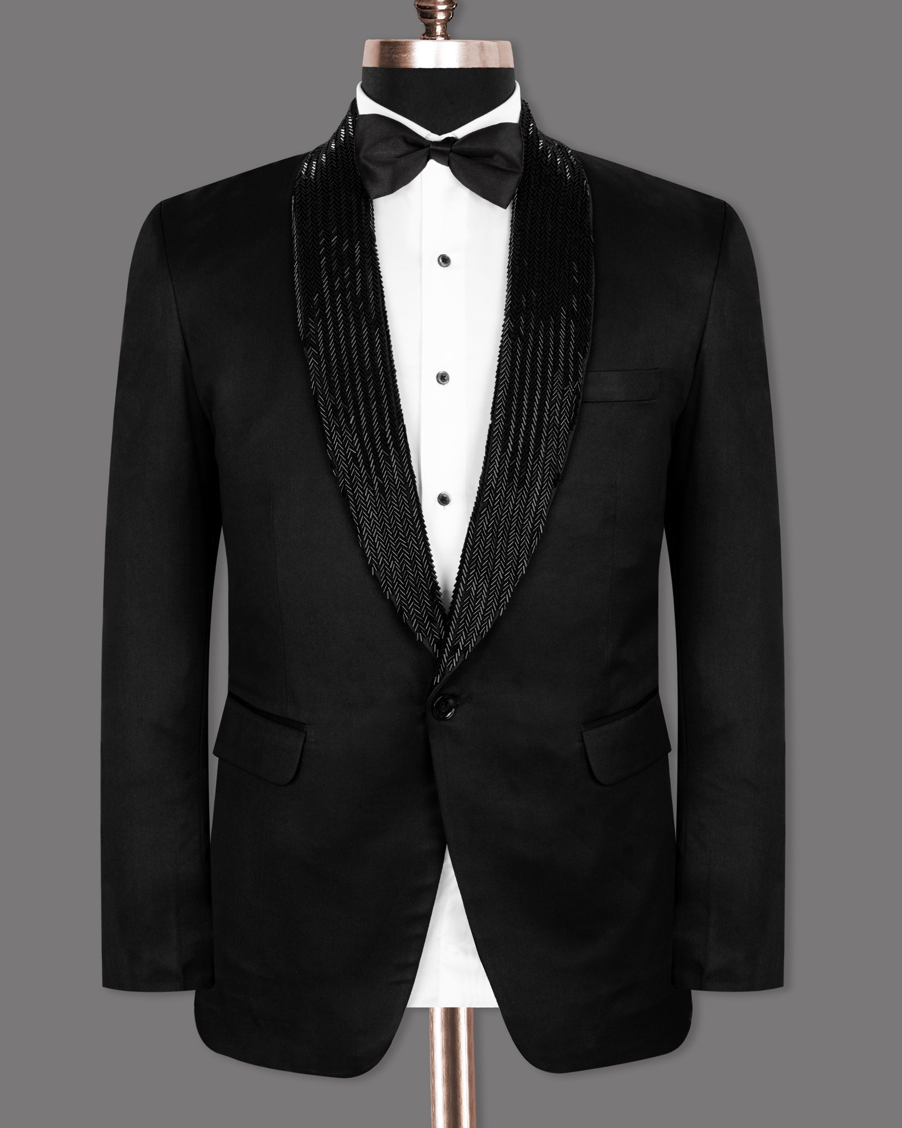 Jade Black Stretchable Subtle Sheen Wool Rich Hand Crafted Designer Tuxedo Blazer