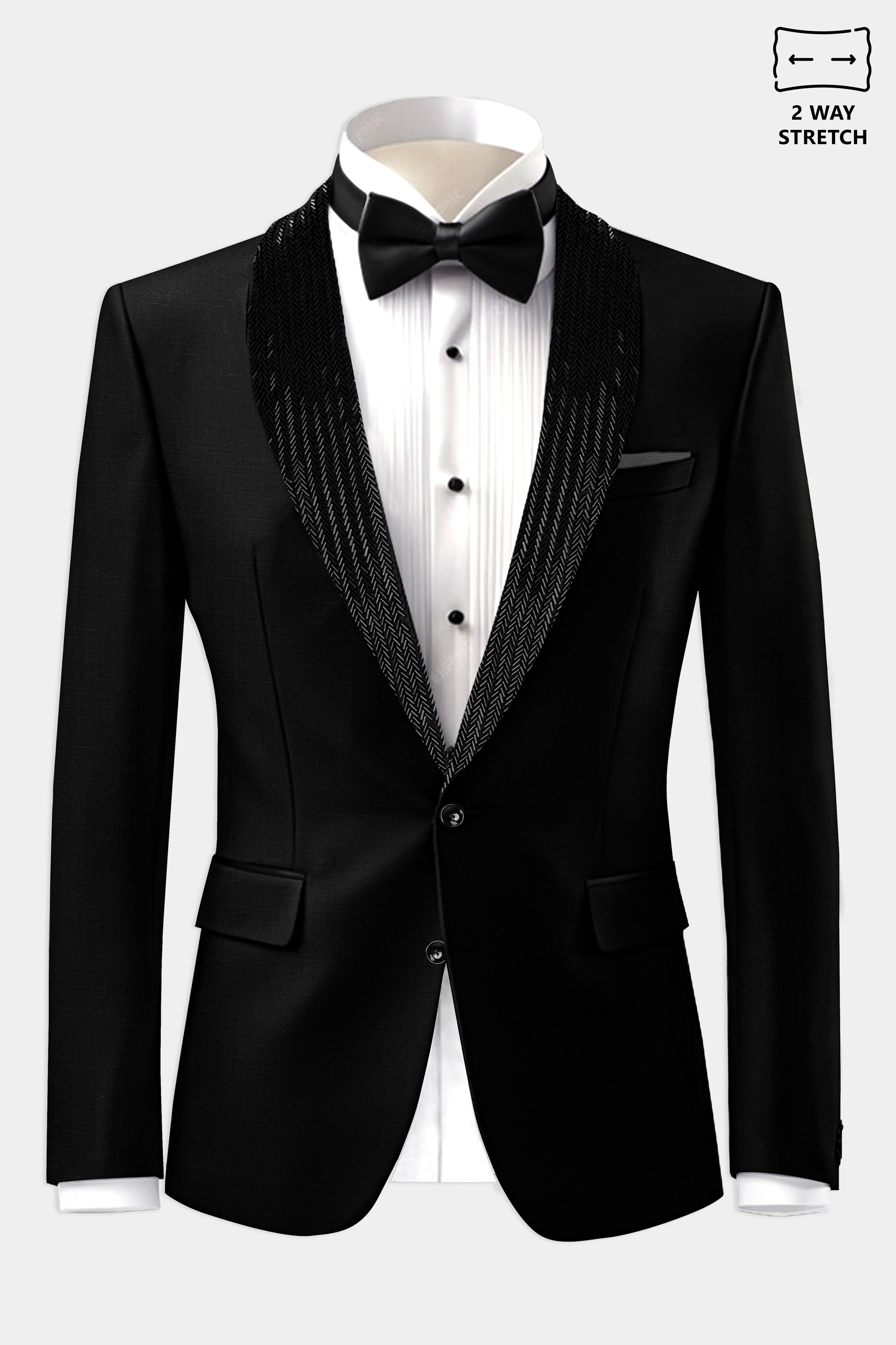 Jade Black Stretchable Subtle Sheen Wool Rich Hand Crafted Designer Tuxedo Blazer