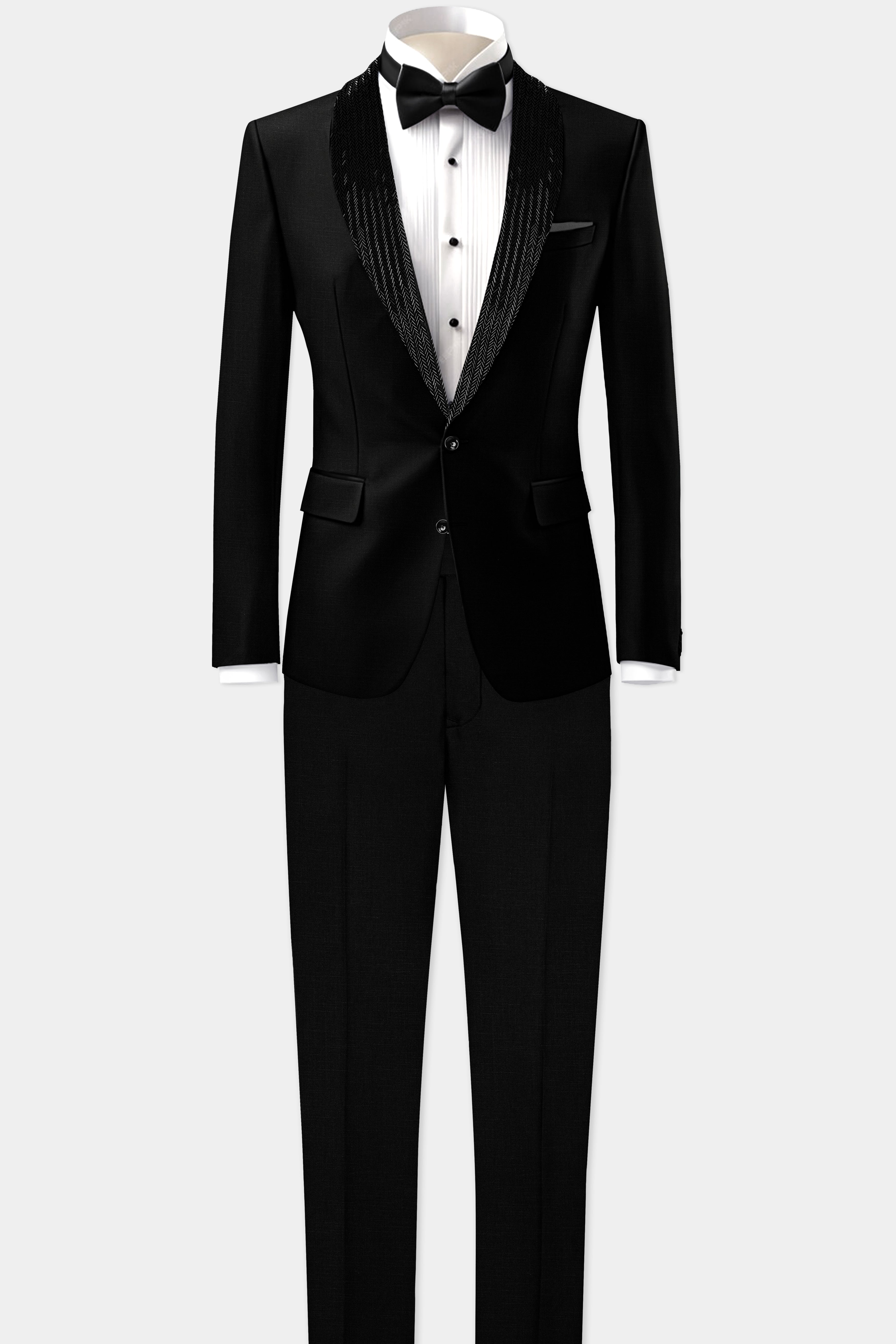 Jade Black Stretchable Subtle Sheen Wool Rich Hand Crafted Designer Tuxedo Blazer