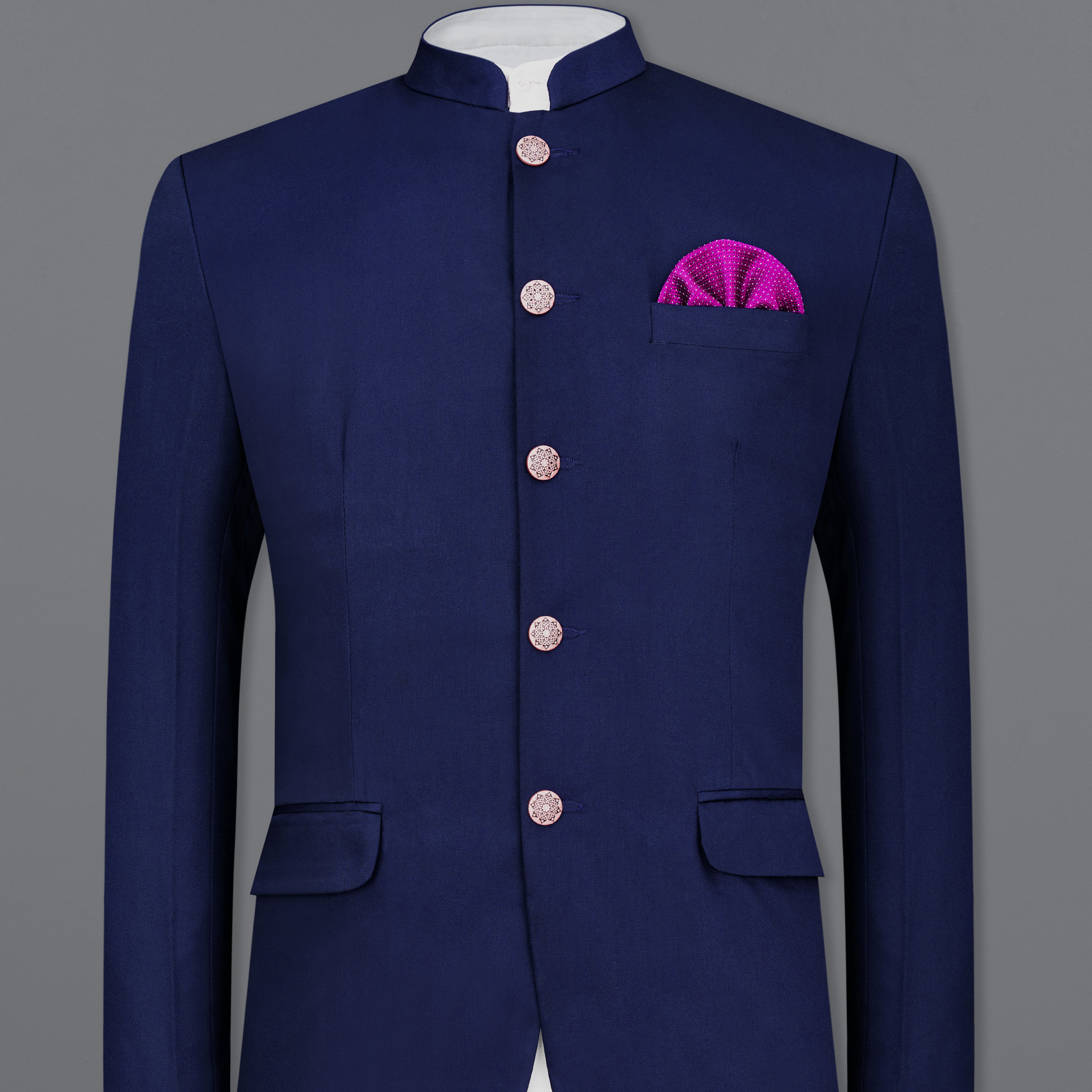Space Blue Subtle Sheen Wool Rich Bandhgala/Mandarin Blazer