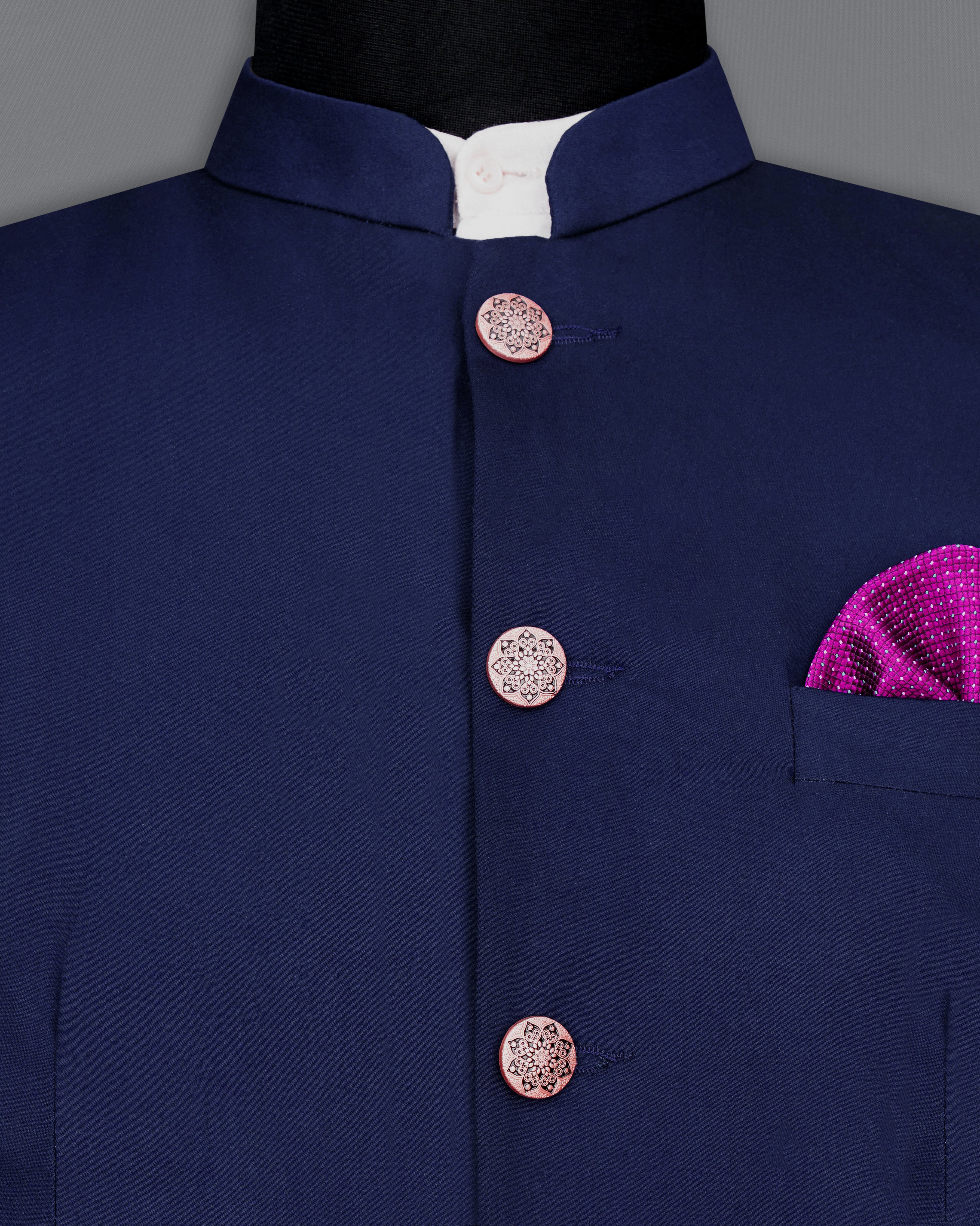 Space Blue Subtle Sheen Wool Rich Bandhgala/Mandarin Blazer