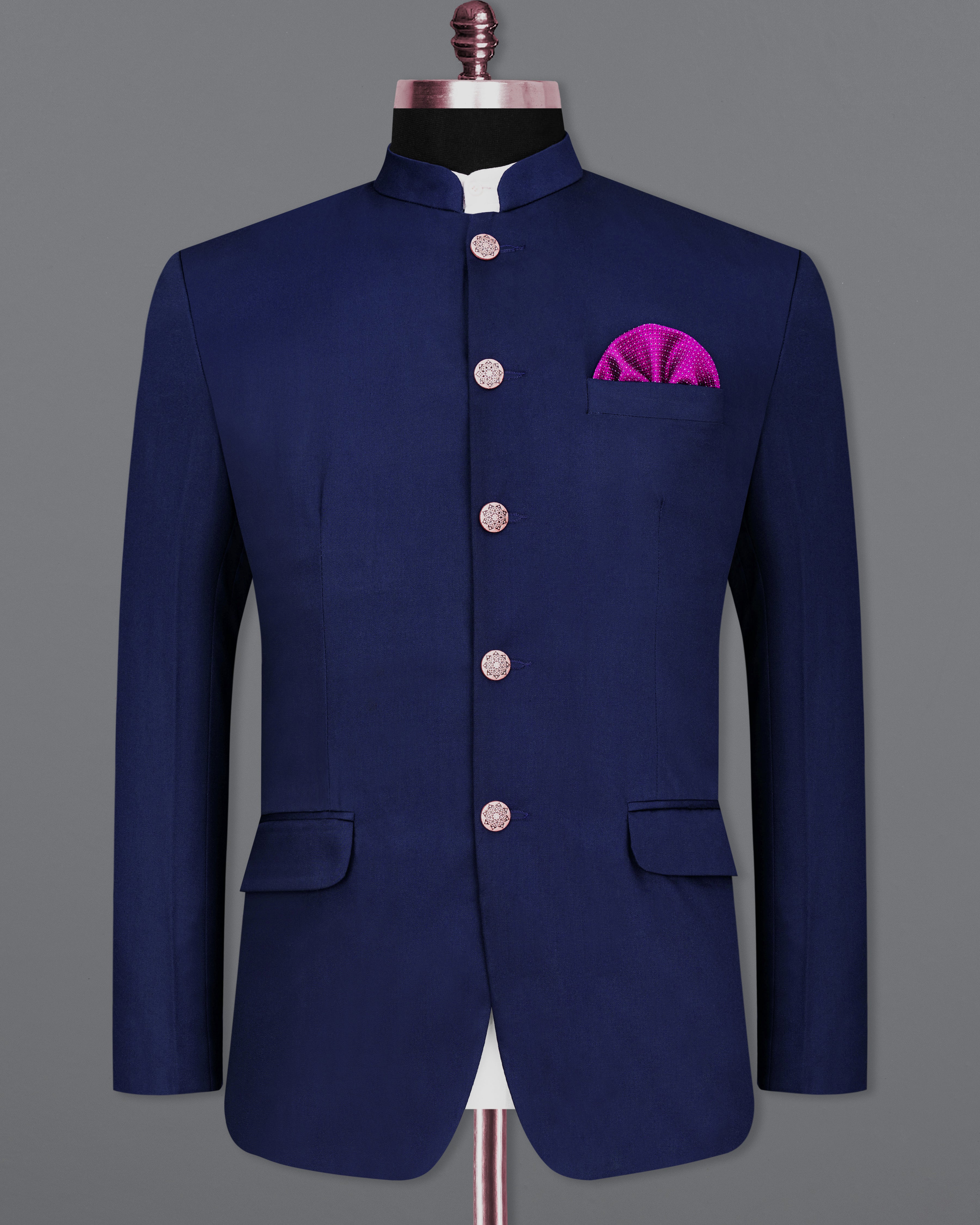 Space Blue Subtle Sheen Wool Rich Bandhgala/Mandarin Blazer