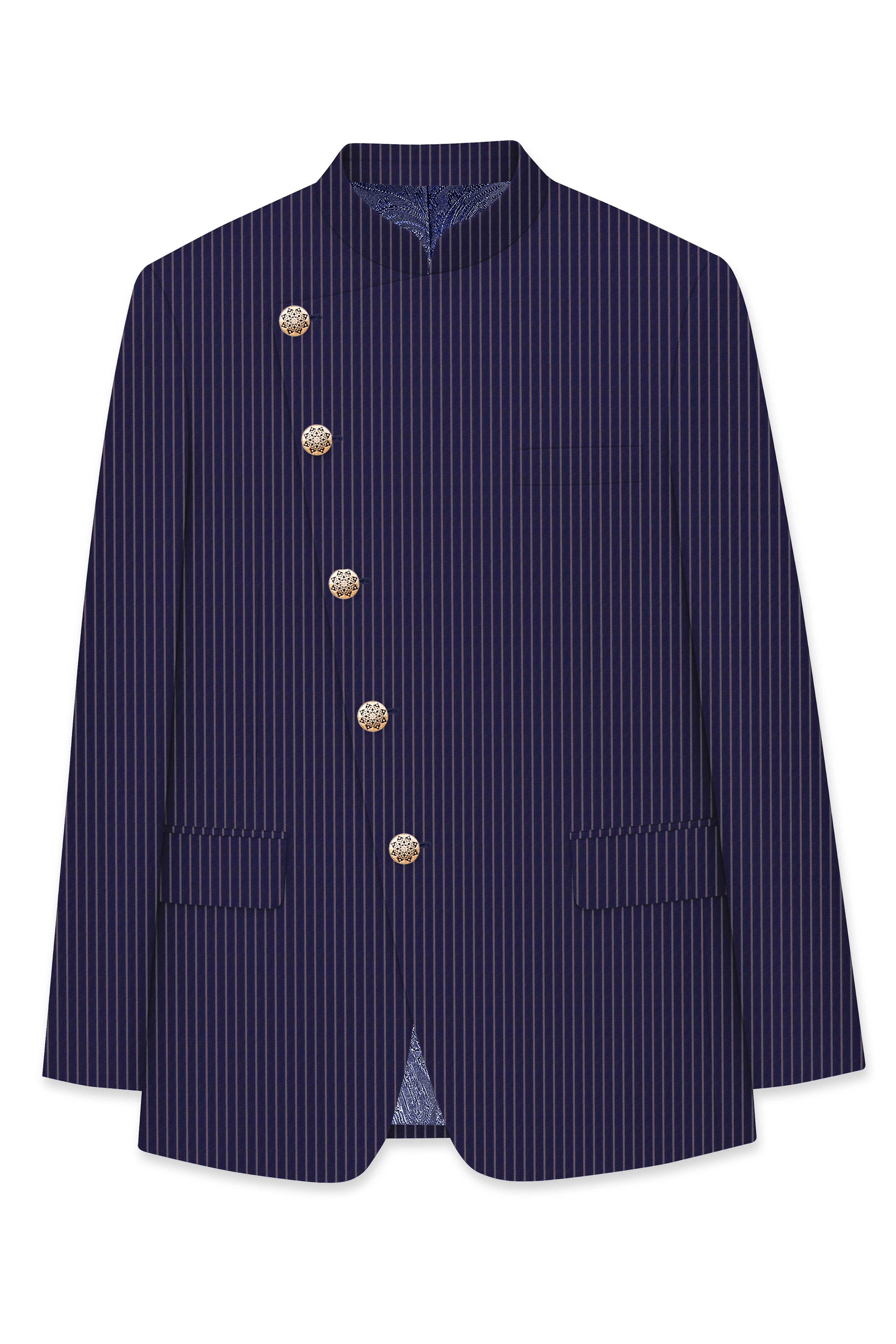 Martinique Blue with Prelude Striped Cross Placket Bandhgala/Mandarin Corduroy Premium Cotton Blazer