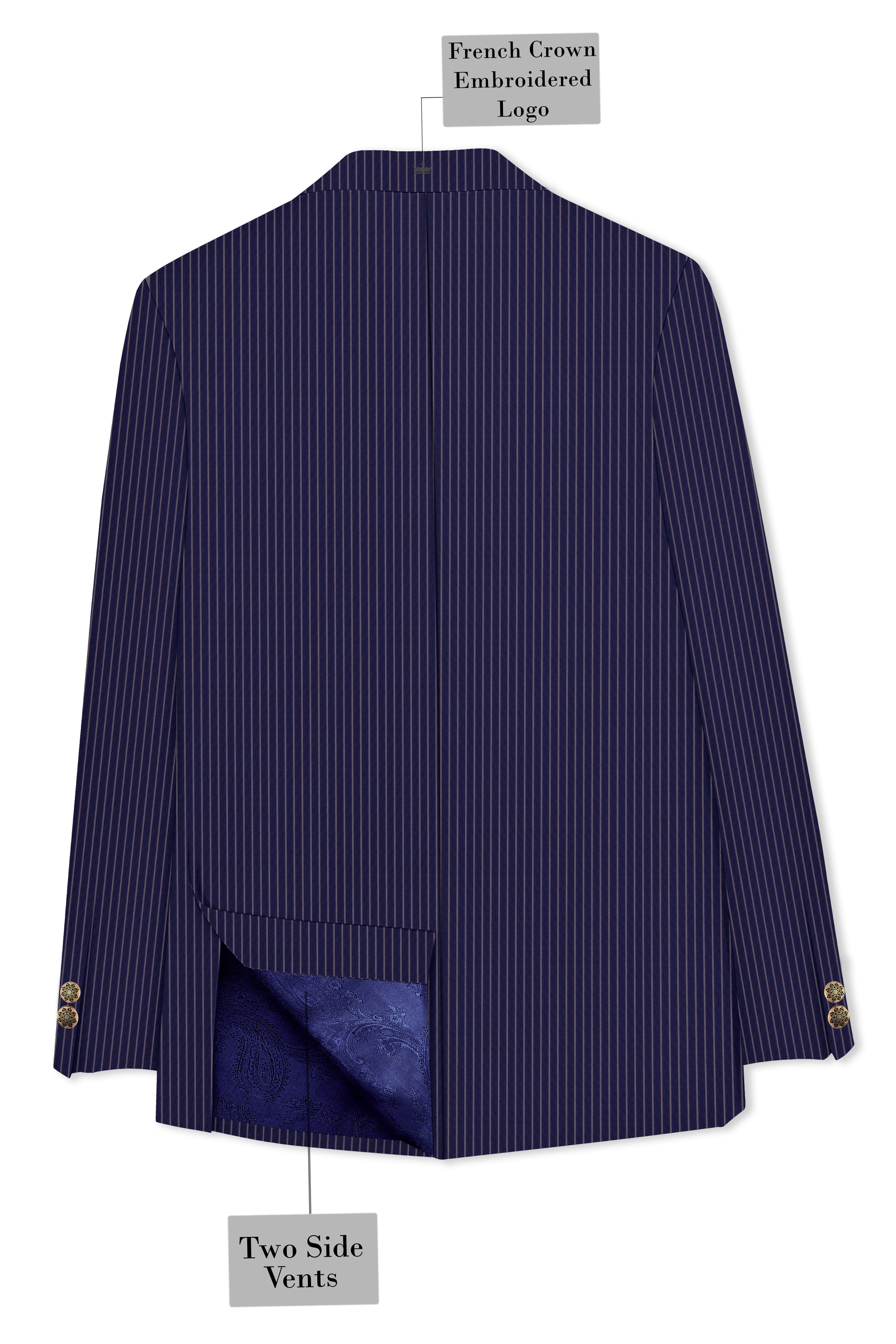 Martinique Blue with Prelude Striped Cross Placket Bandhgala/Mandarin Corduroy Premium Cotton Blazer
