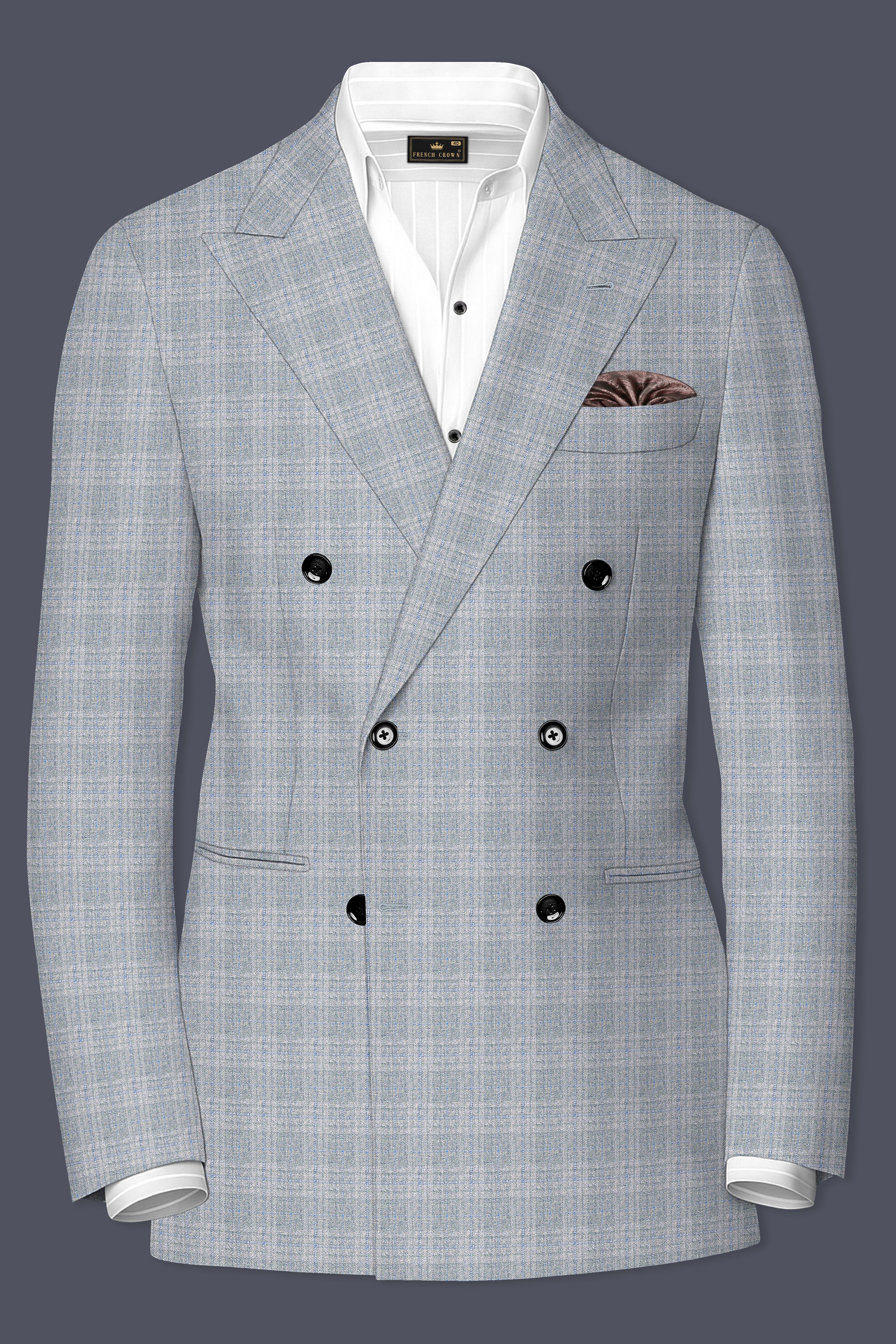 Nobel Grey Subtle Plaid Double-Breasted Wool Rich Blazer