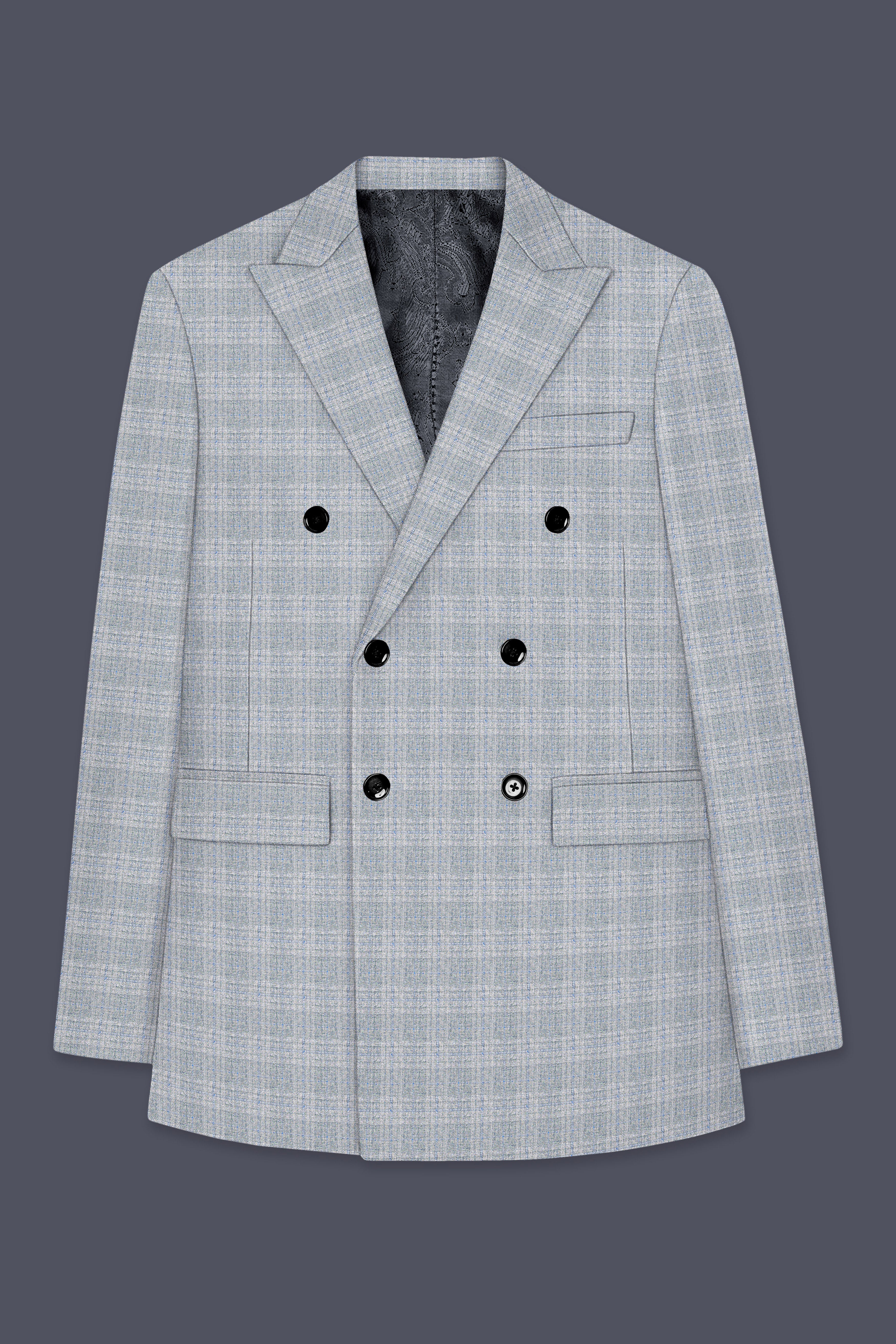 Nobel Grey Subtle Plaid Double-Breasted Wool Rich Blazer