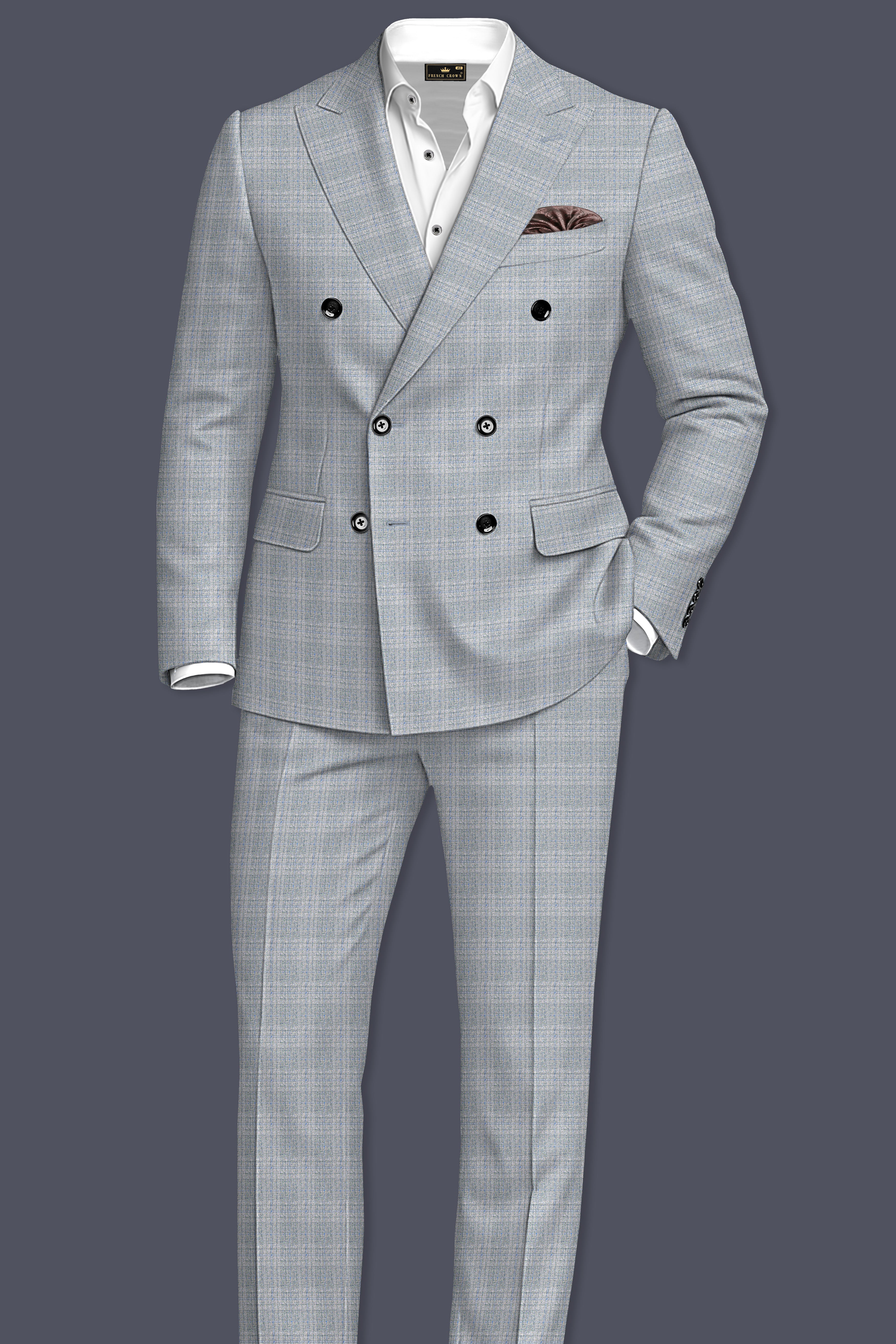 Nobel Grey Subtle Plaid Double-Breasted Wool Rich Blazer