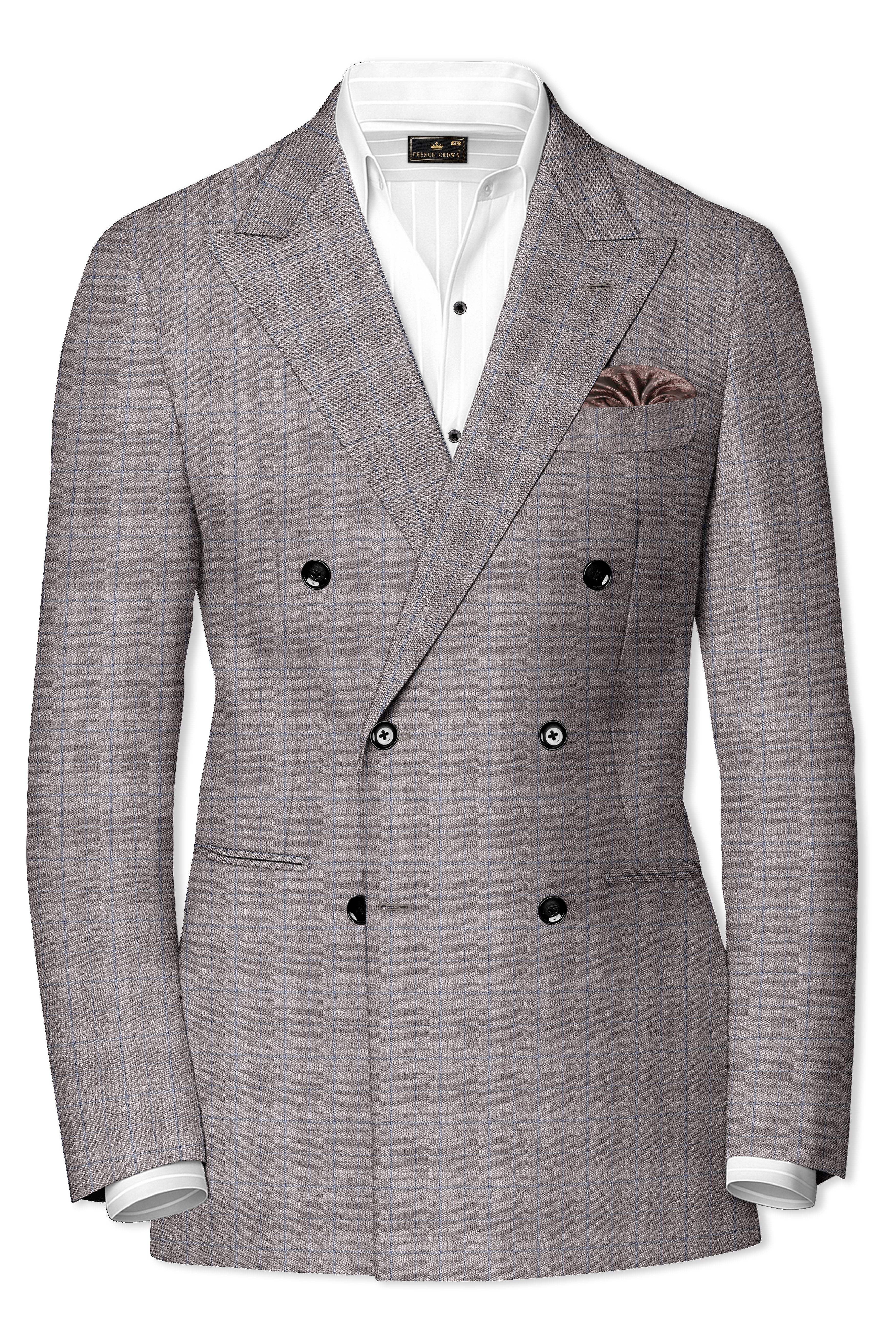 Gravel Grey Subtle Plaid Double-Breasted Wool Rich Blazer