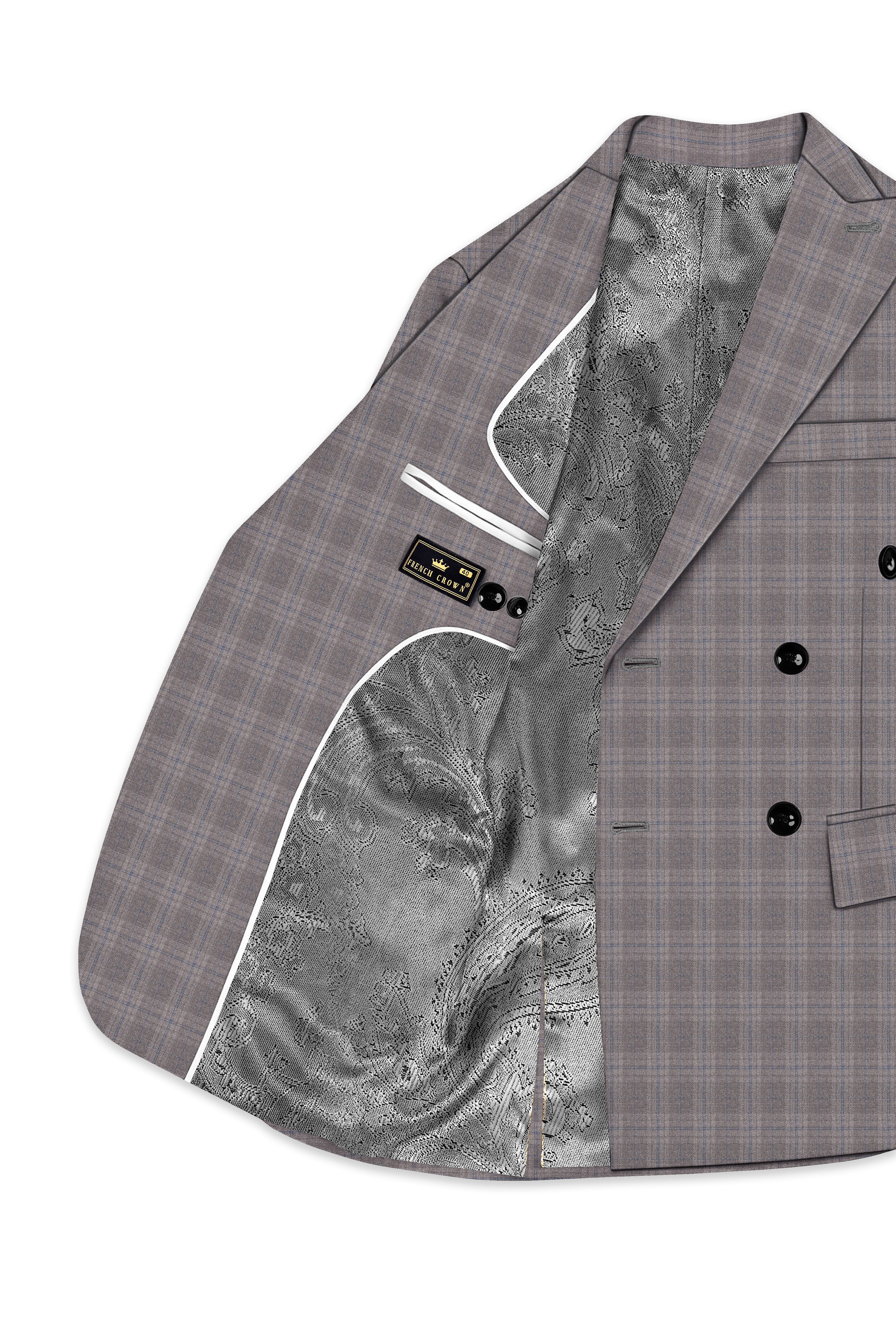 Gravel Grey Subtle Plaid Double-Breasted Wool Rich Blazer