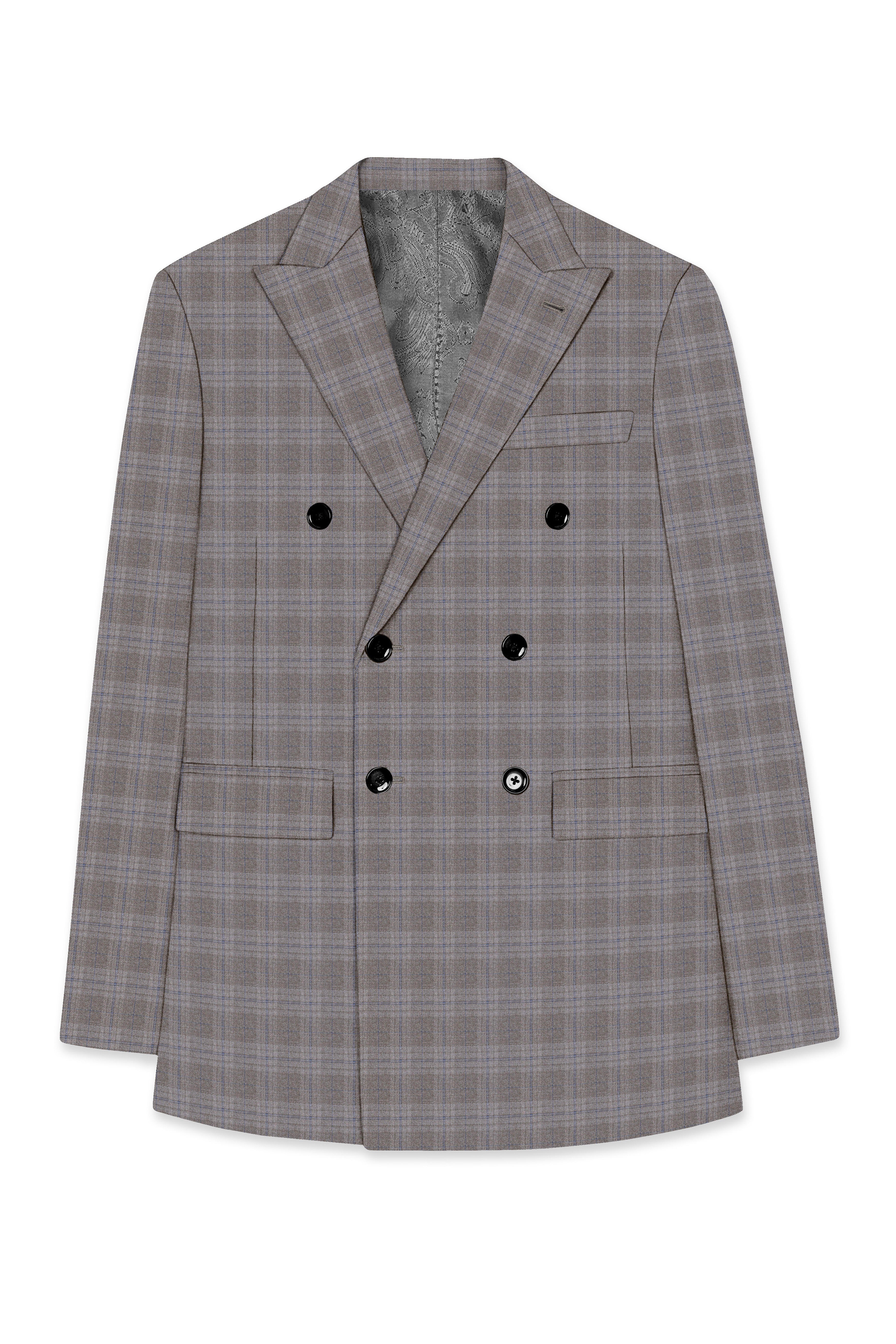 Gravel Grey Subtle Plaid Double-Breasted Wool Rich Blazer