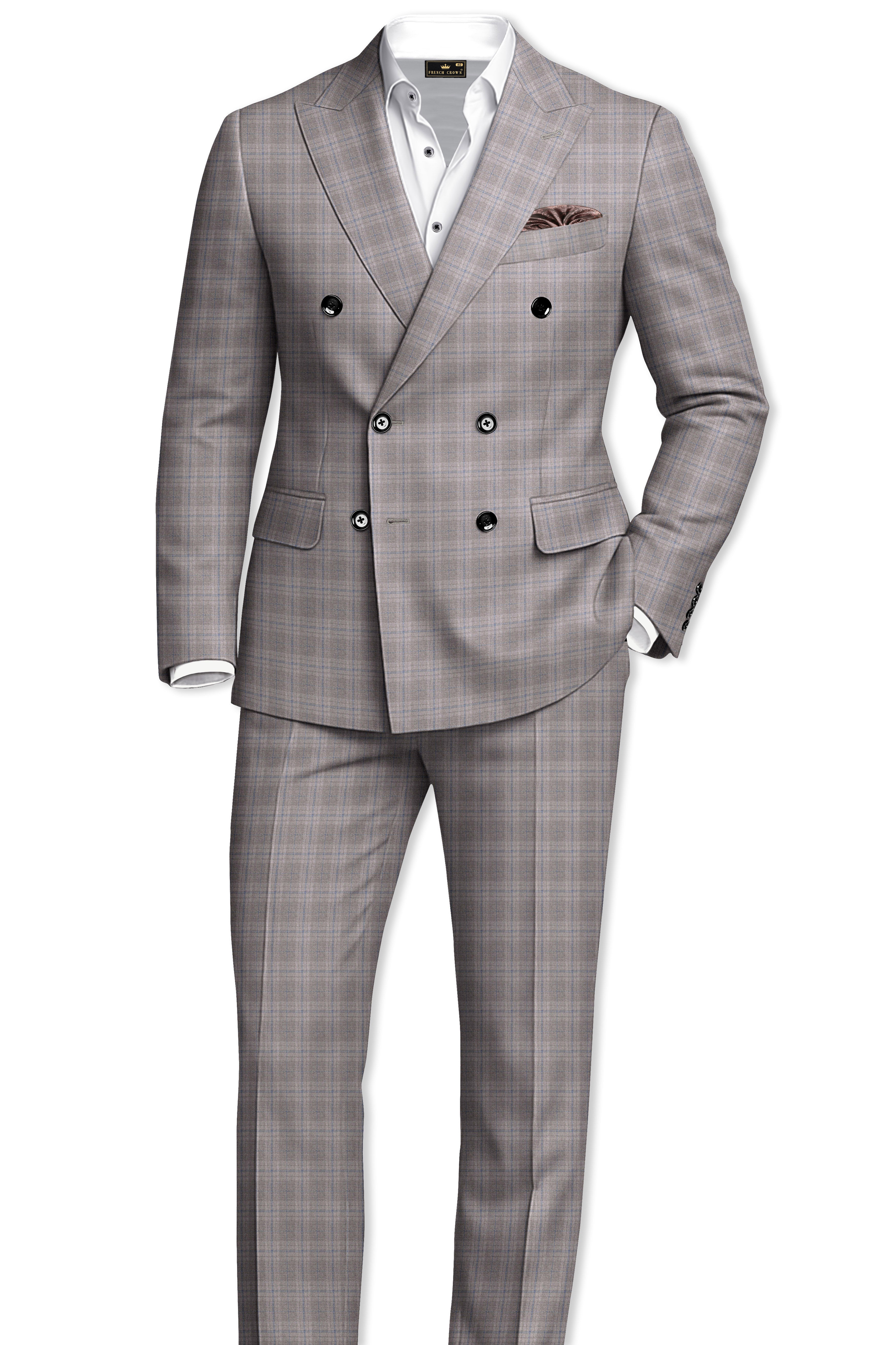 Gravel Grey Subtle Plaid Double-Breasted Wool Rich Blazer