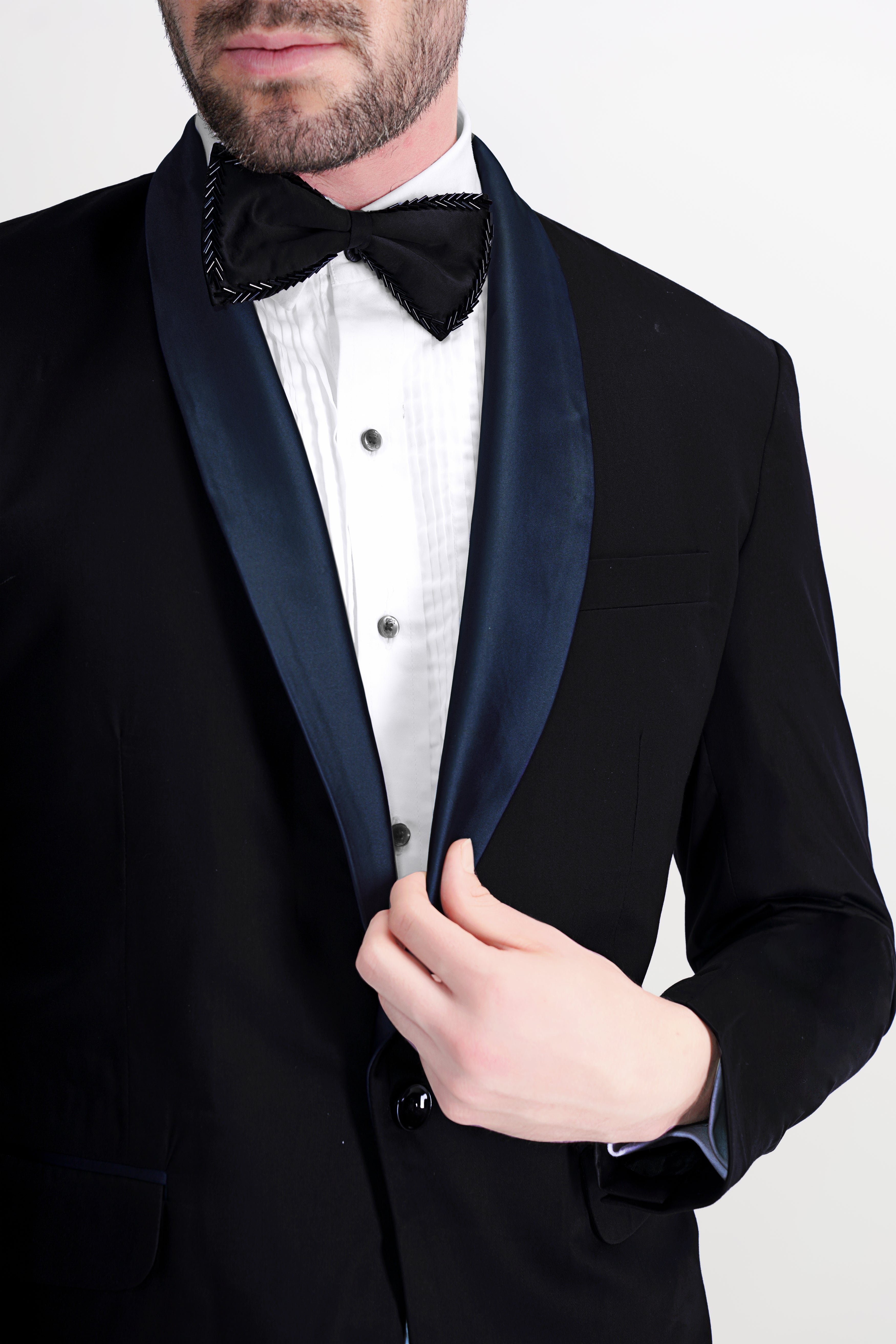 Jade Black Subtle Sheen with Blue lapel Tuxedo Blazer