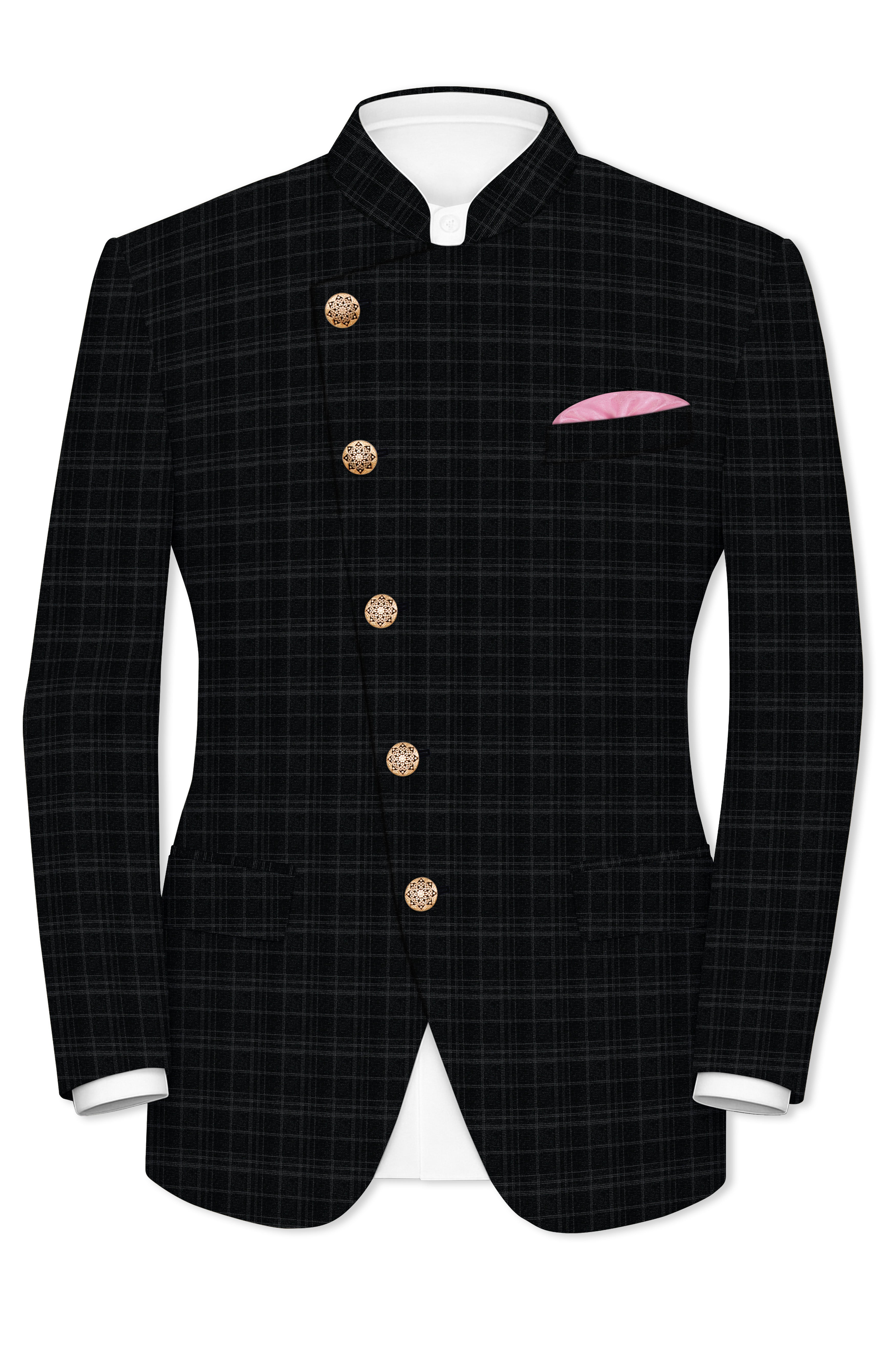Star Dust and Shark Grey Plaid Cross Placket Bandhgala Wool rich Blazer
