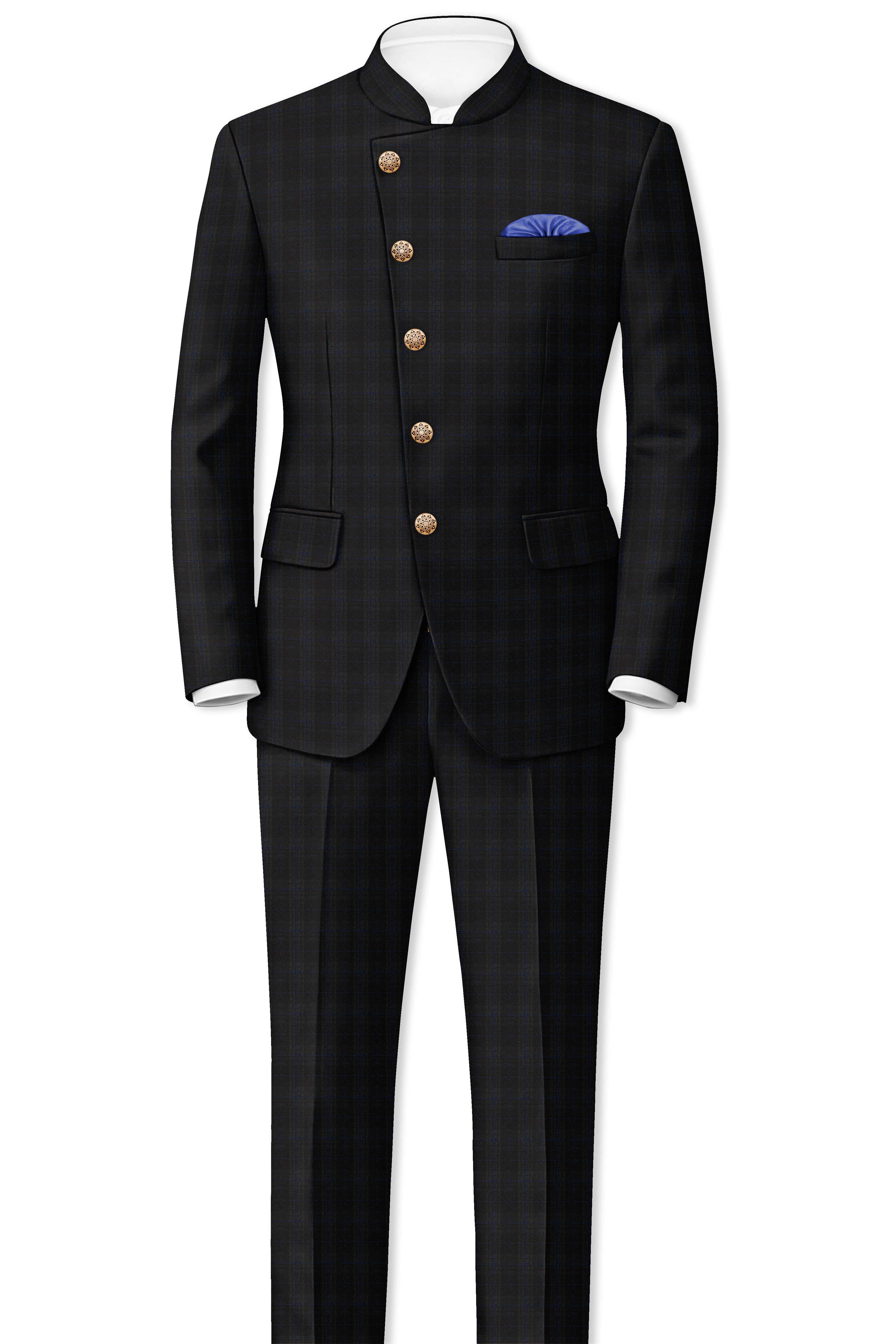 Thunder brown Plaid Cross Placket Bandhgala Wool Rich Blazer