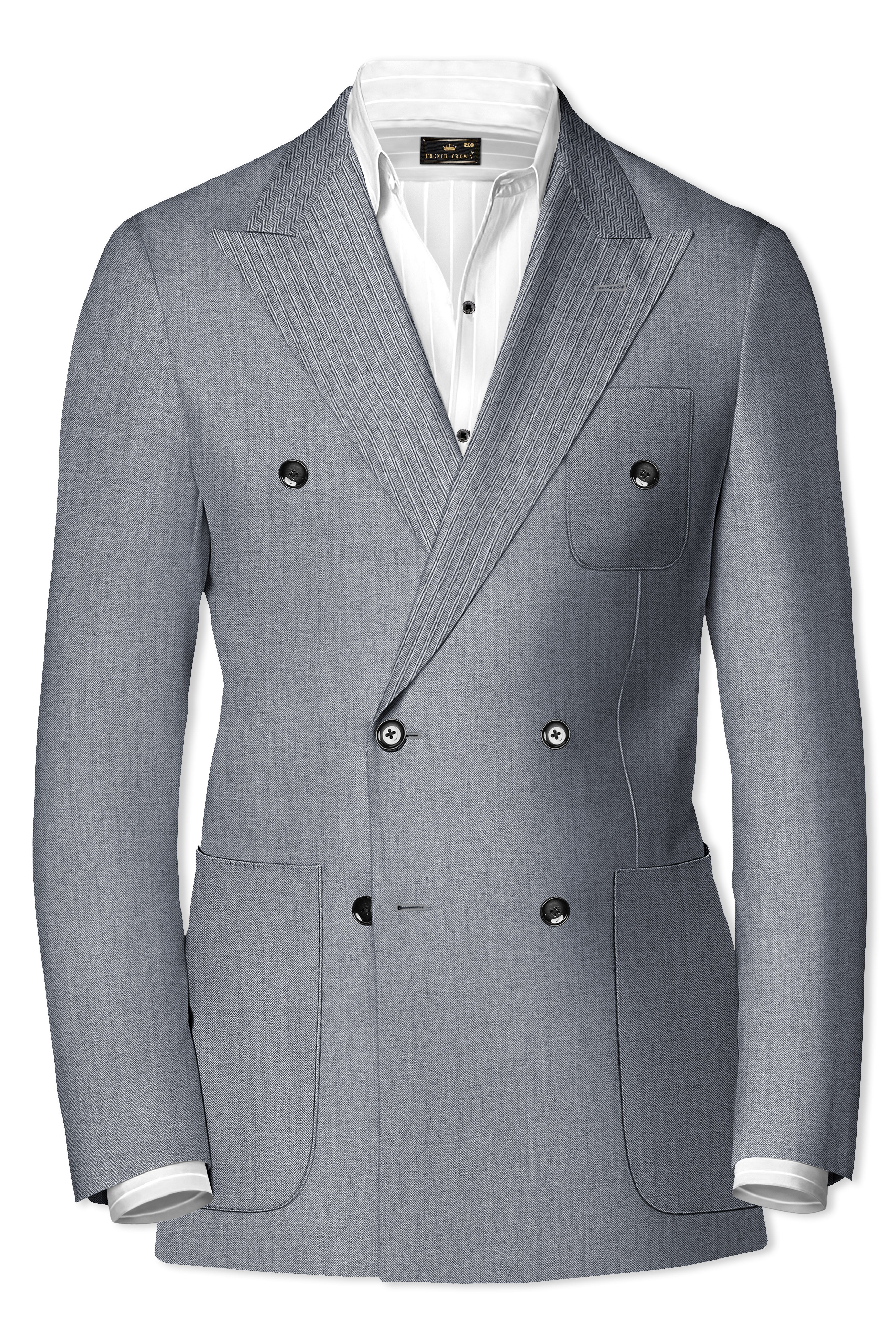 Spun Pearl Grey Herringbone Double-breasted Premium Cotton Sports Blazer