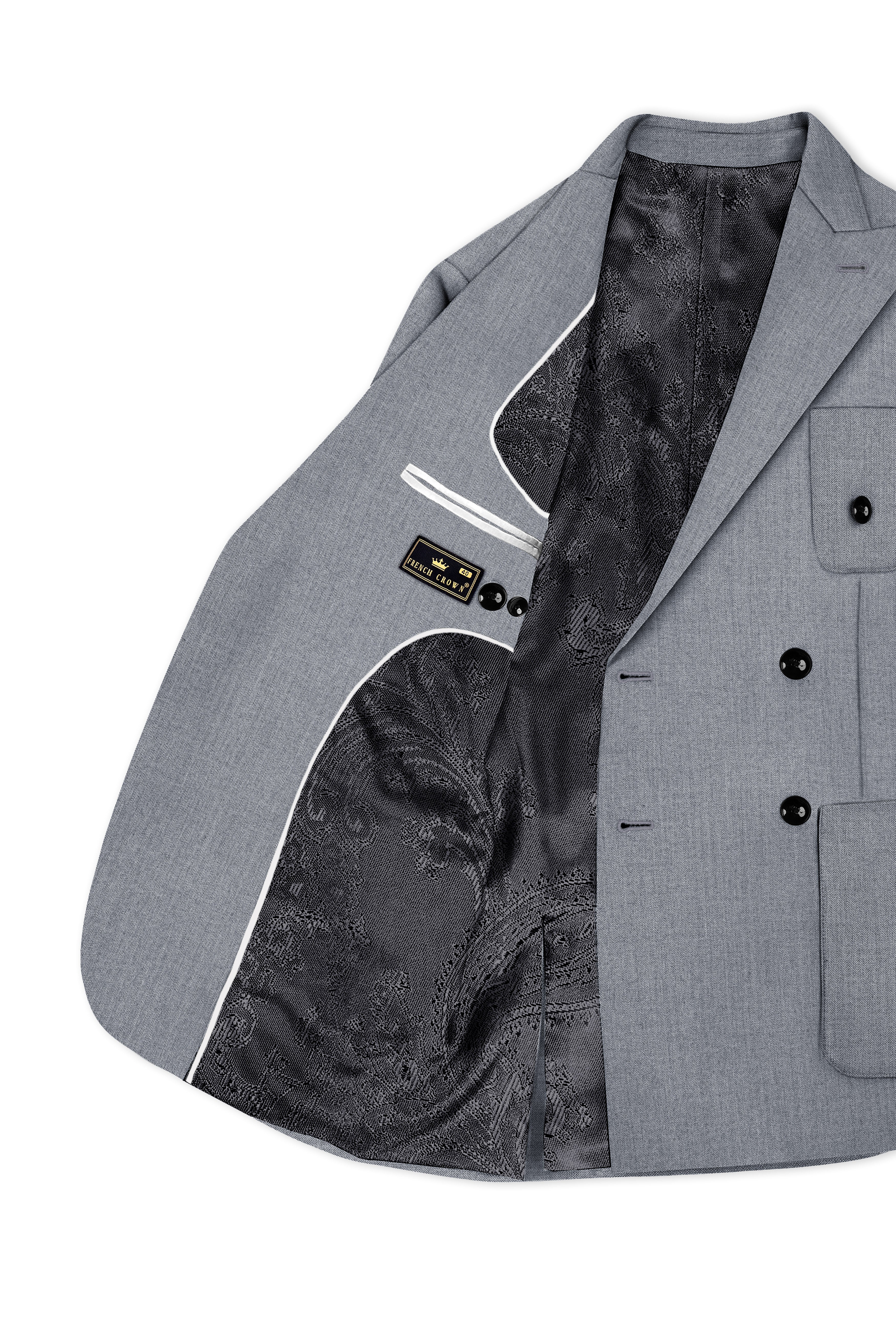 Spun Pearl Grey Herringbone Double-breasted Premium Cotton Sports Blazer